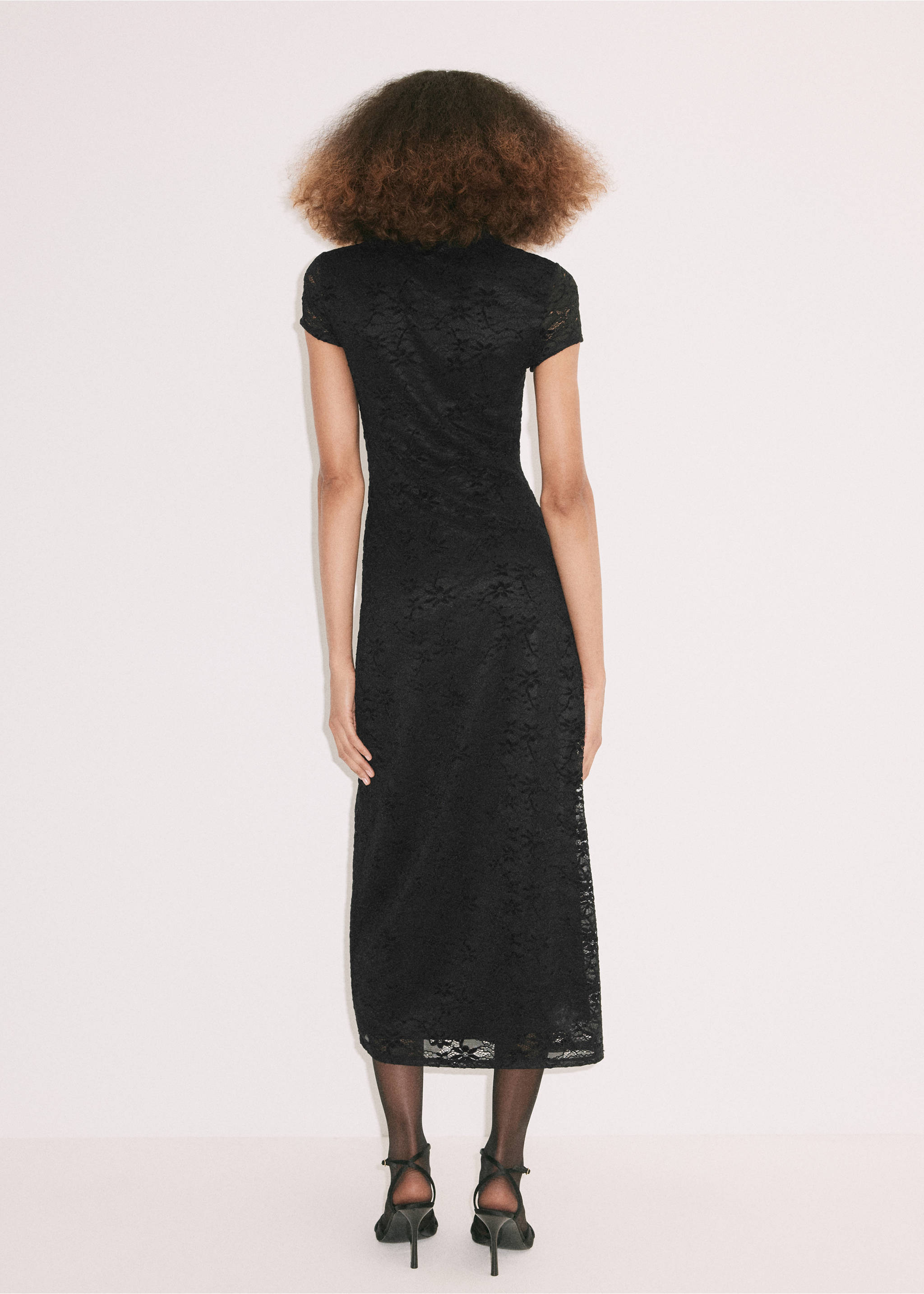 Back view of a black lace midi dress with short sleeves., Black. Ref: 37099129-00.