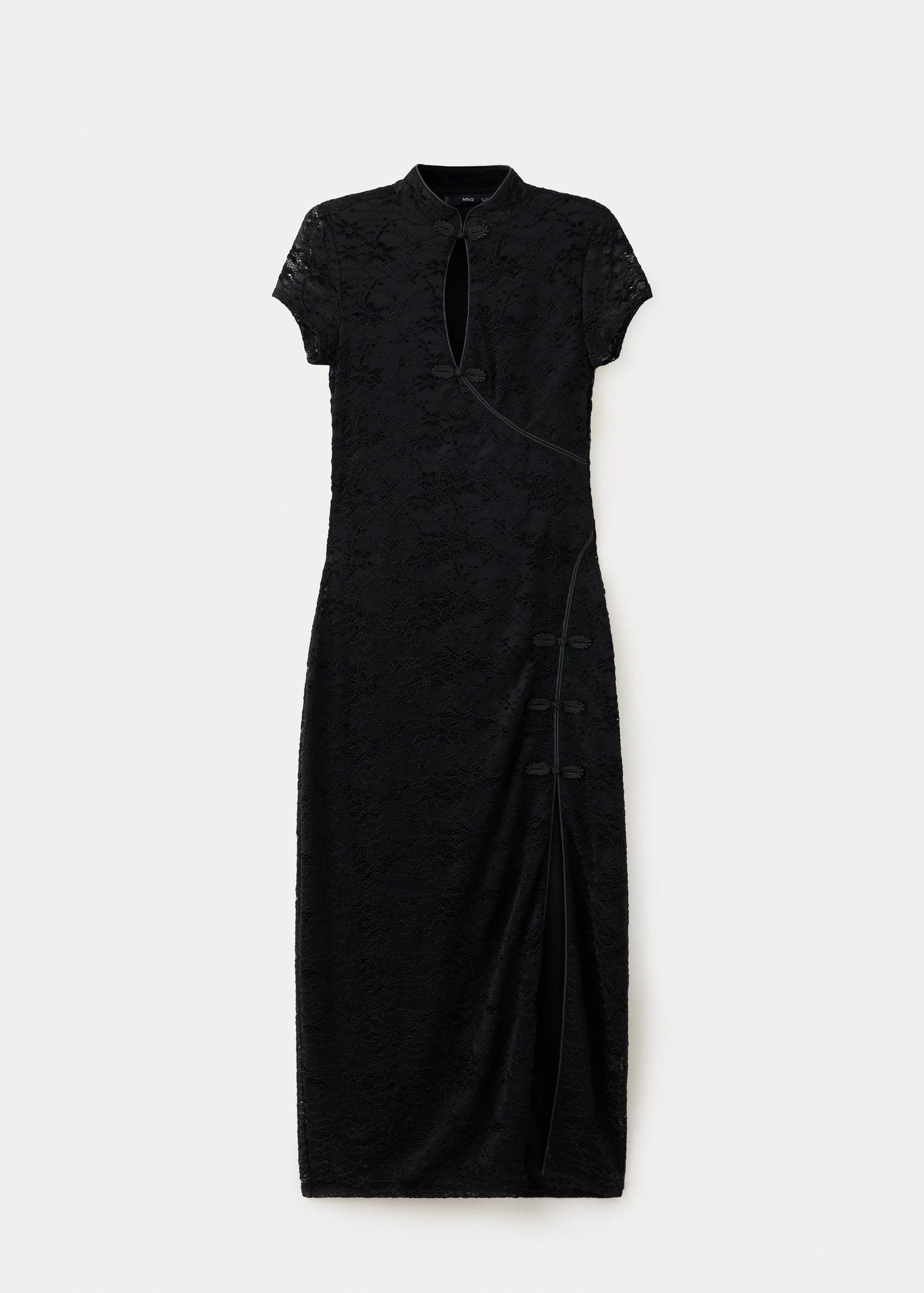 Black lace midi dress with Mandarin collar, keyhole cutout, and side slit.