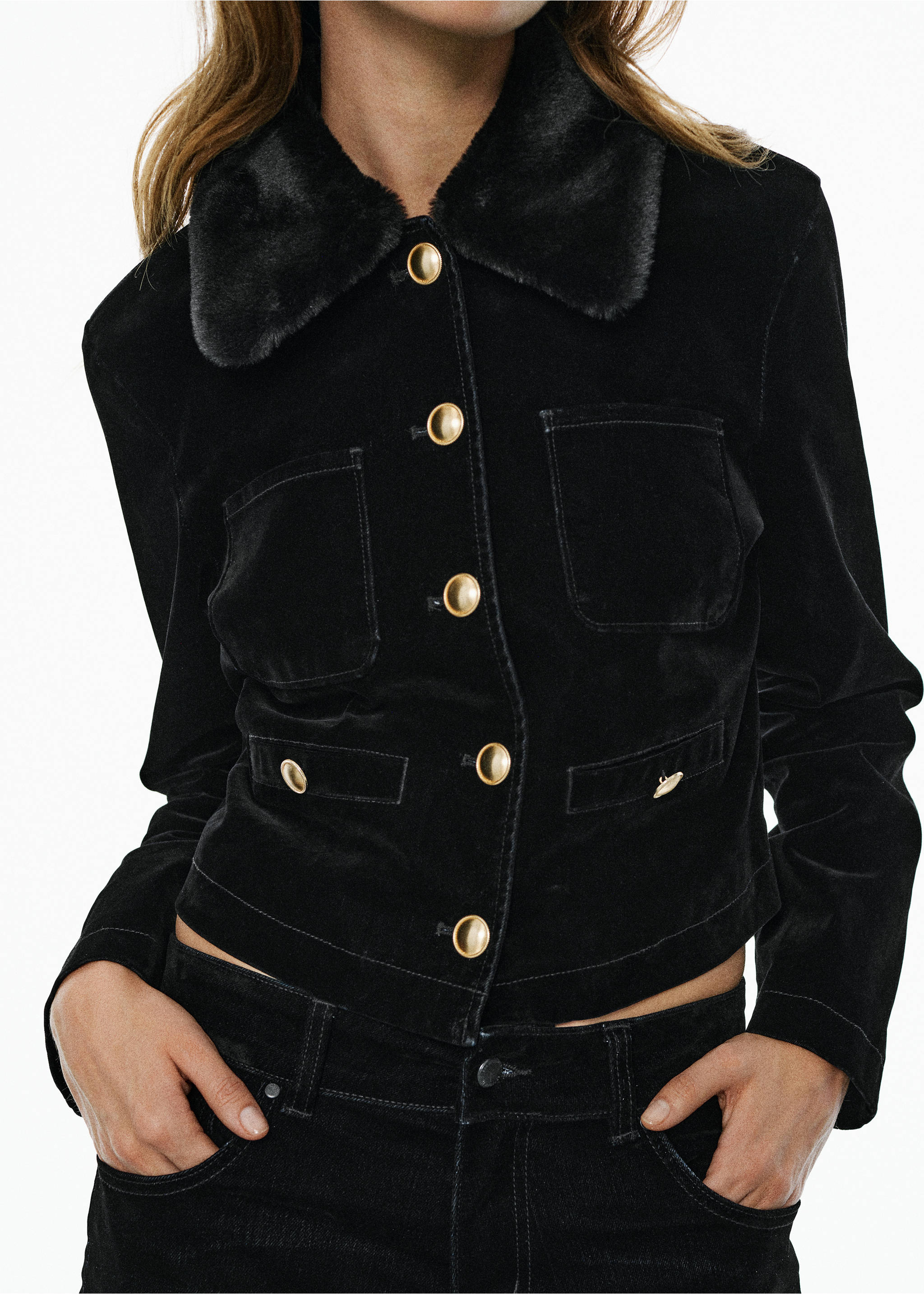 Denim jacket with faux fur collar - Medium plane, Black. Ref: 37099130-00.