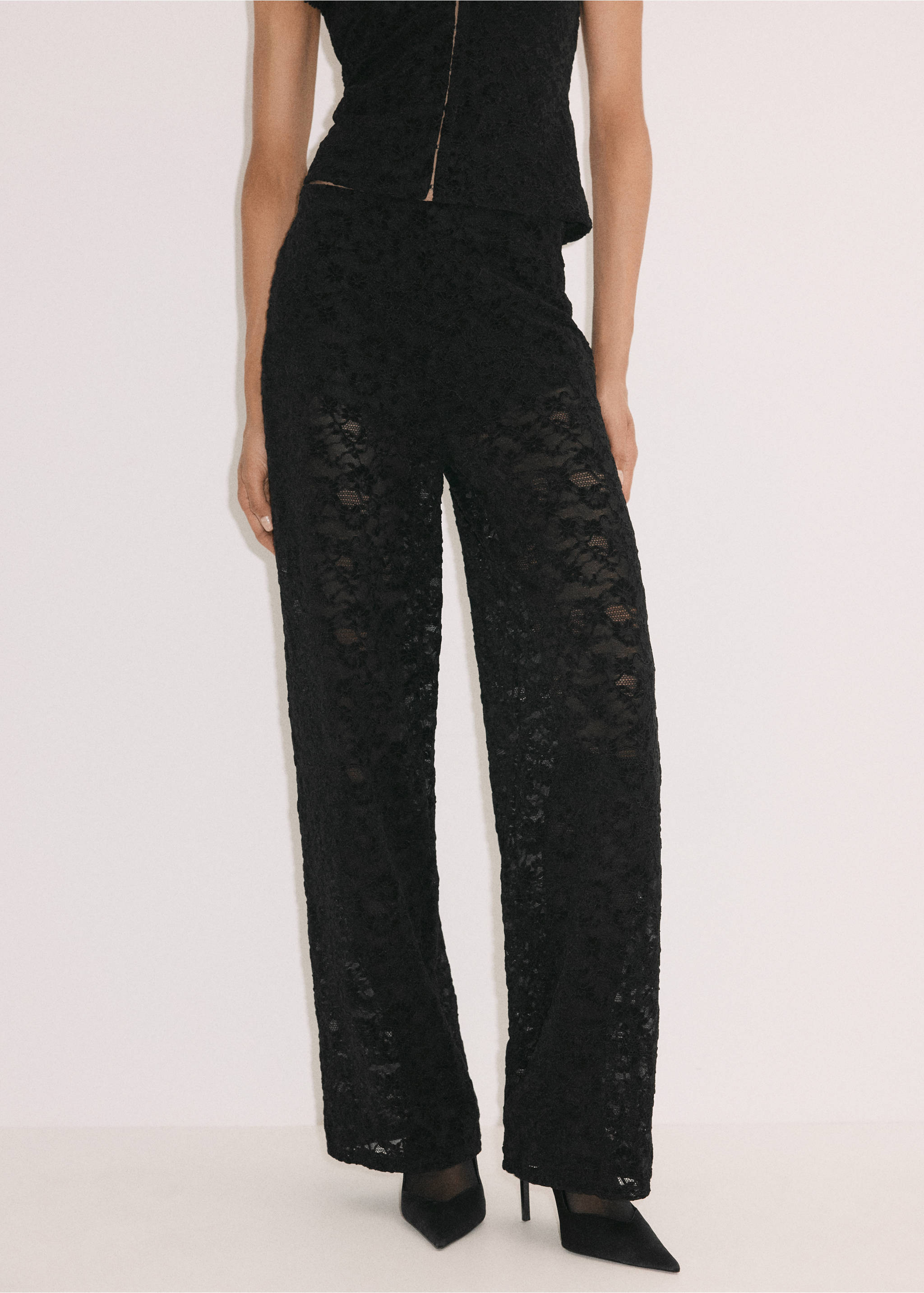 Black lace trousers in a straight, high-waisted fit., Black. Ref: 37099132-00.