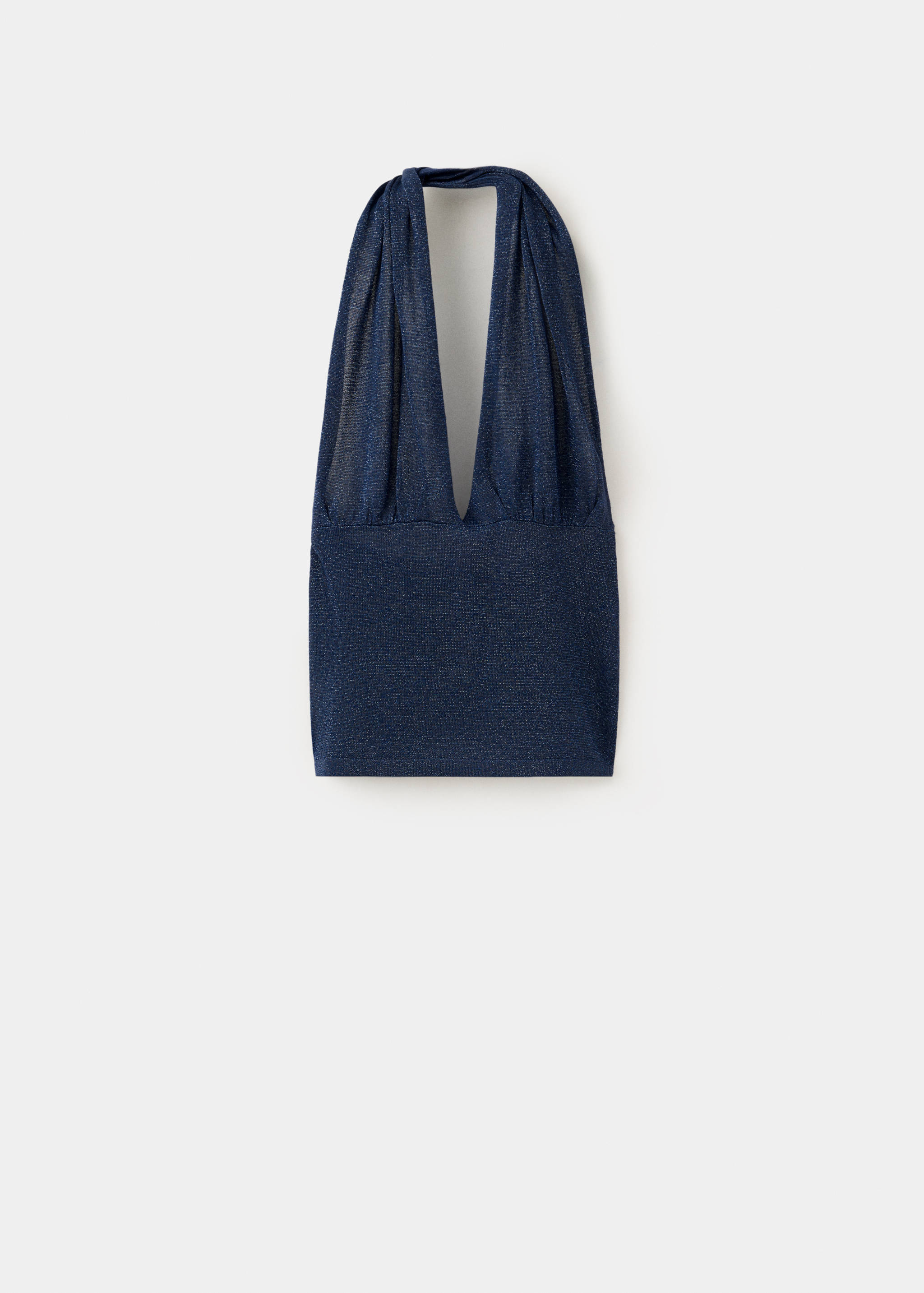 Dark blue metallic halterneck top with a deep V-neckline.