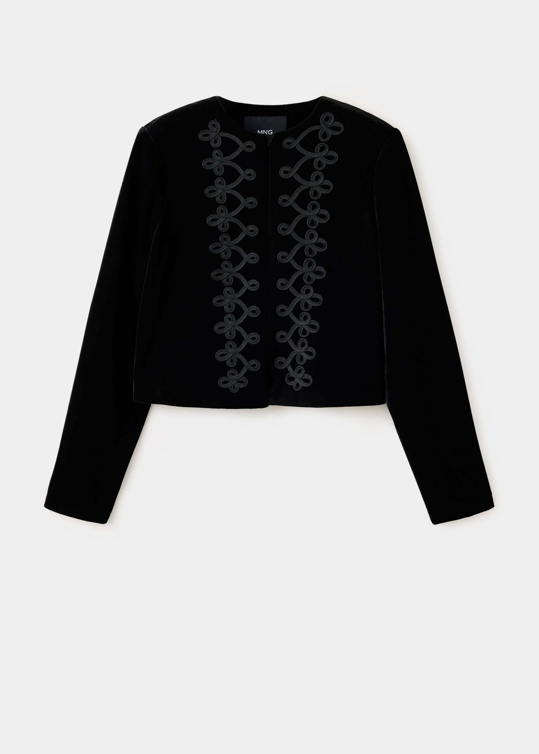Black velvet cropped jacket with long sleeves and braided embroidery.