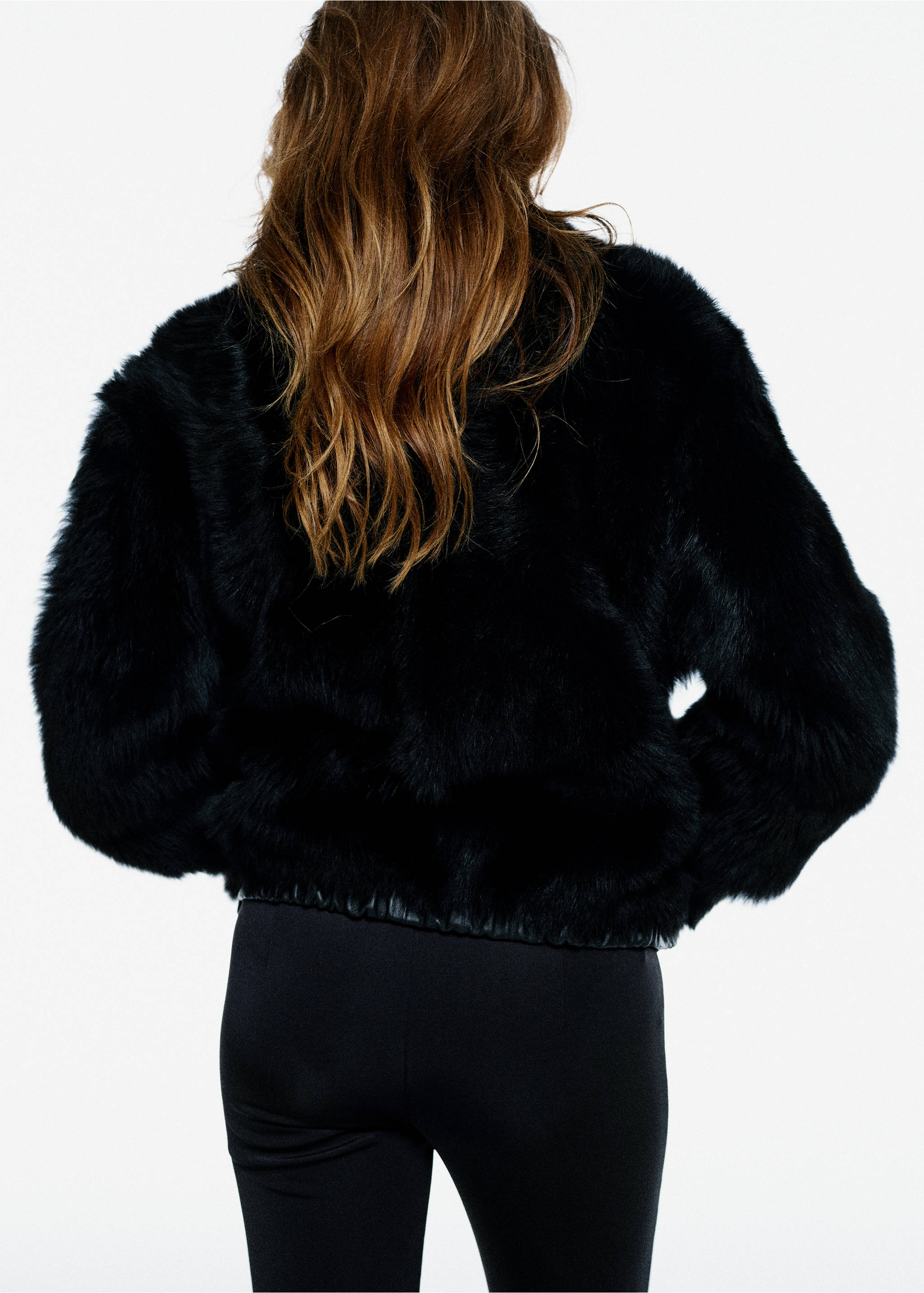 Black faux-fur jacket viewed from the back., Black. Ref: 37099136-00.