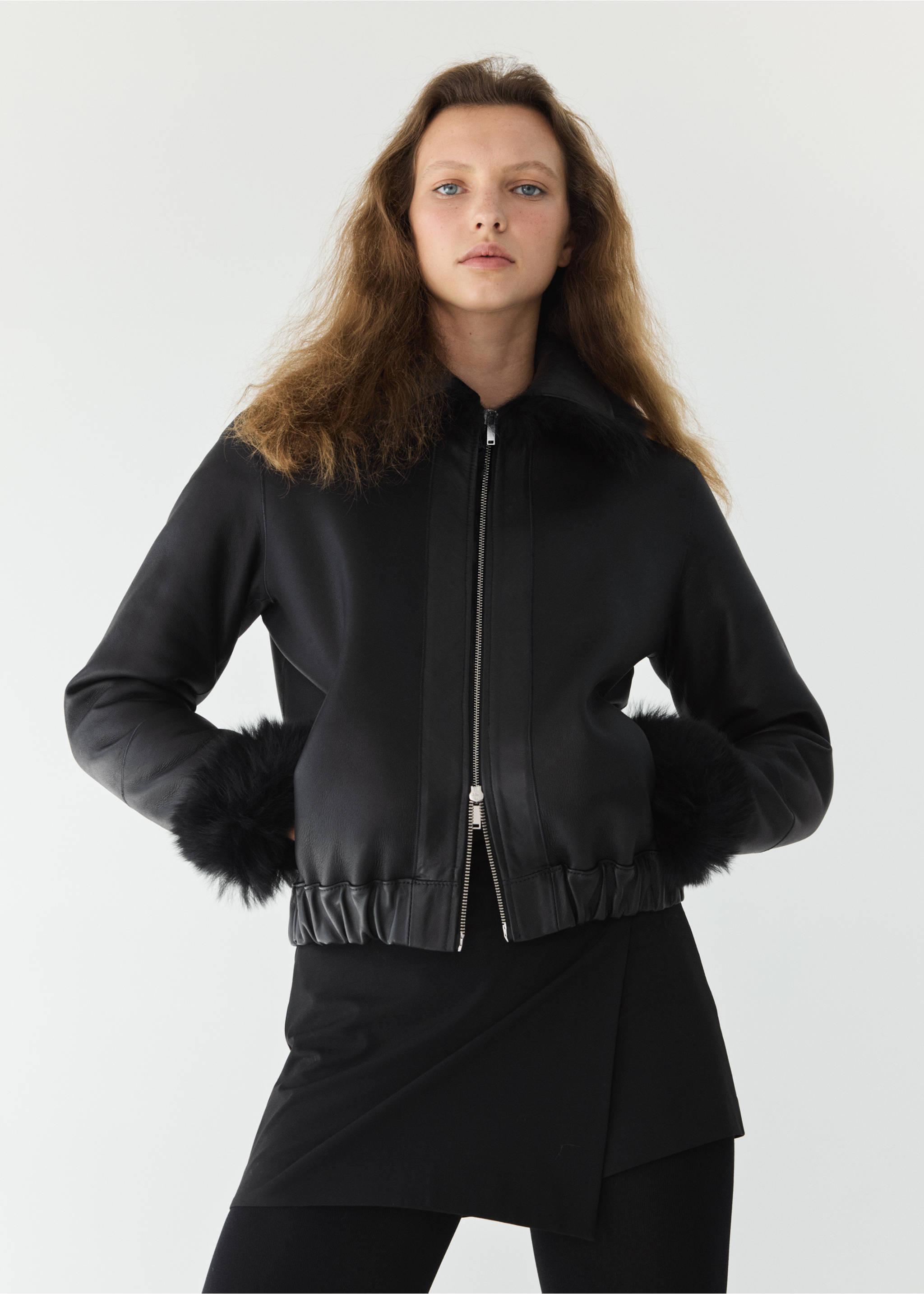 Black zip-up jacket with faux-fur collar and cuffs., Black. Ref: 37099136-00.