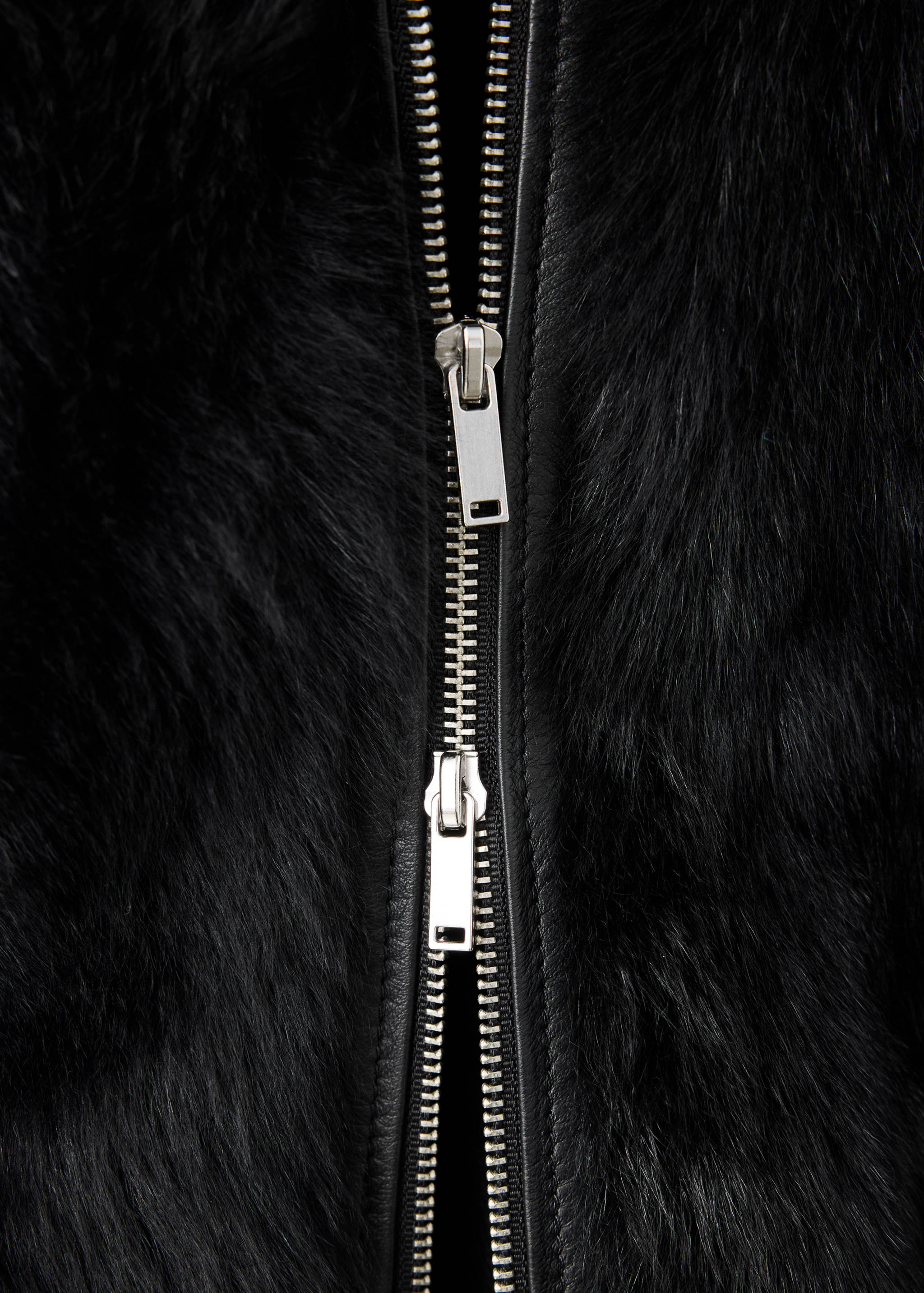 Black faux-fur jacket detail showing a silver metal zip closure.