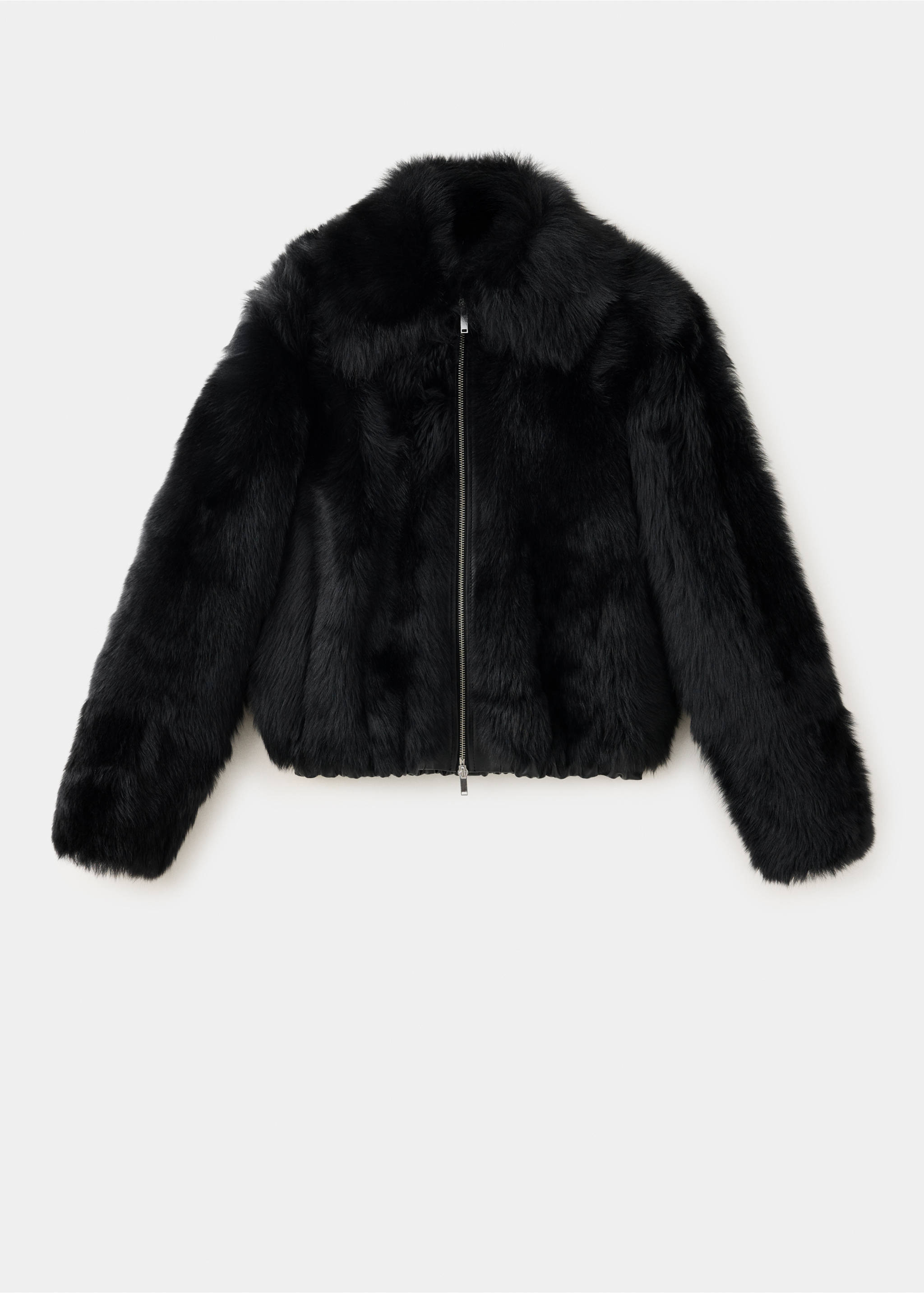 Black faux-fur jacket with a high collar and a front zip., Black. Ref: 37099136-00.