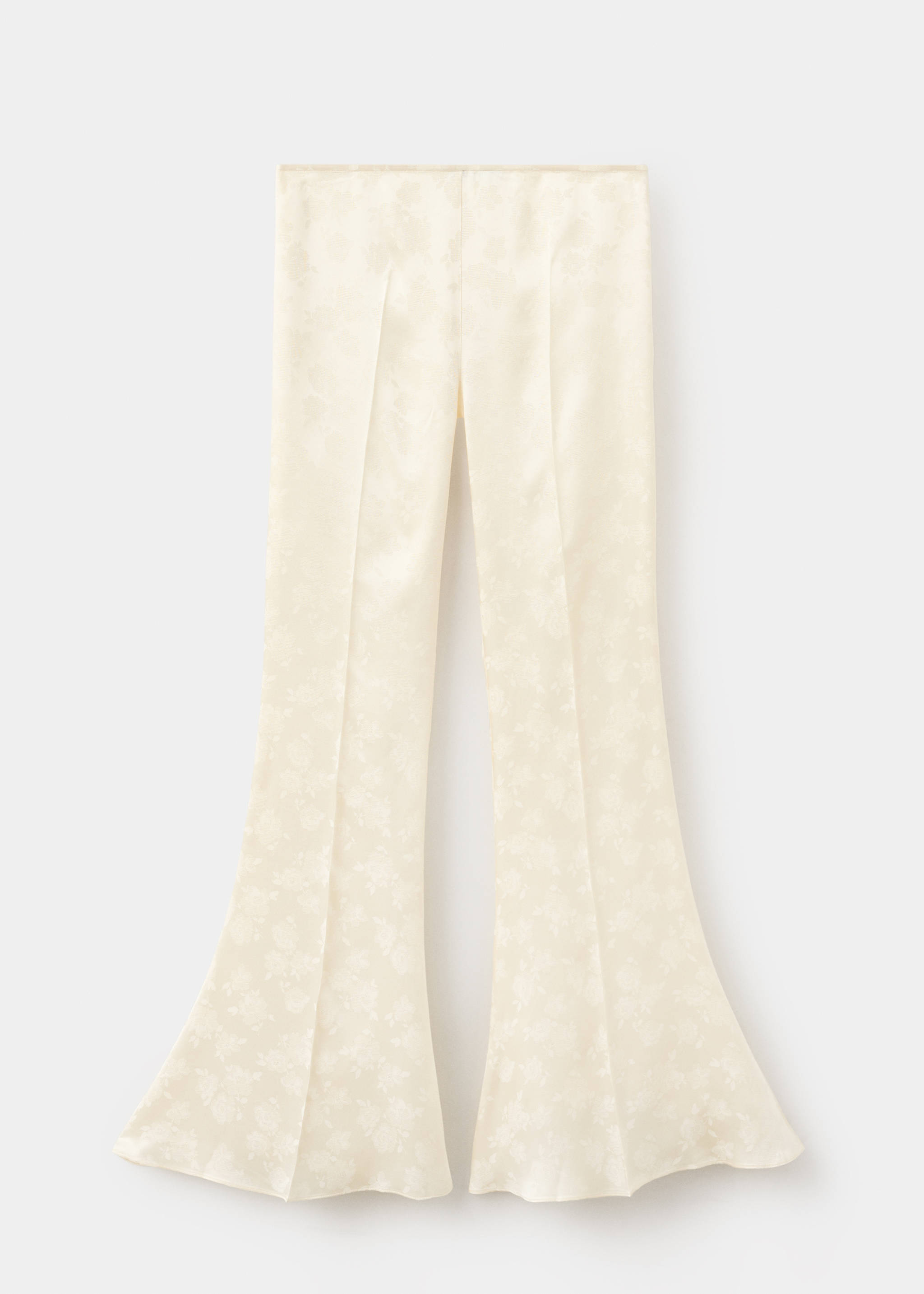 Cream floral jacquard flared trousers with center creases.
