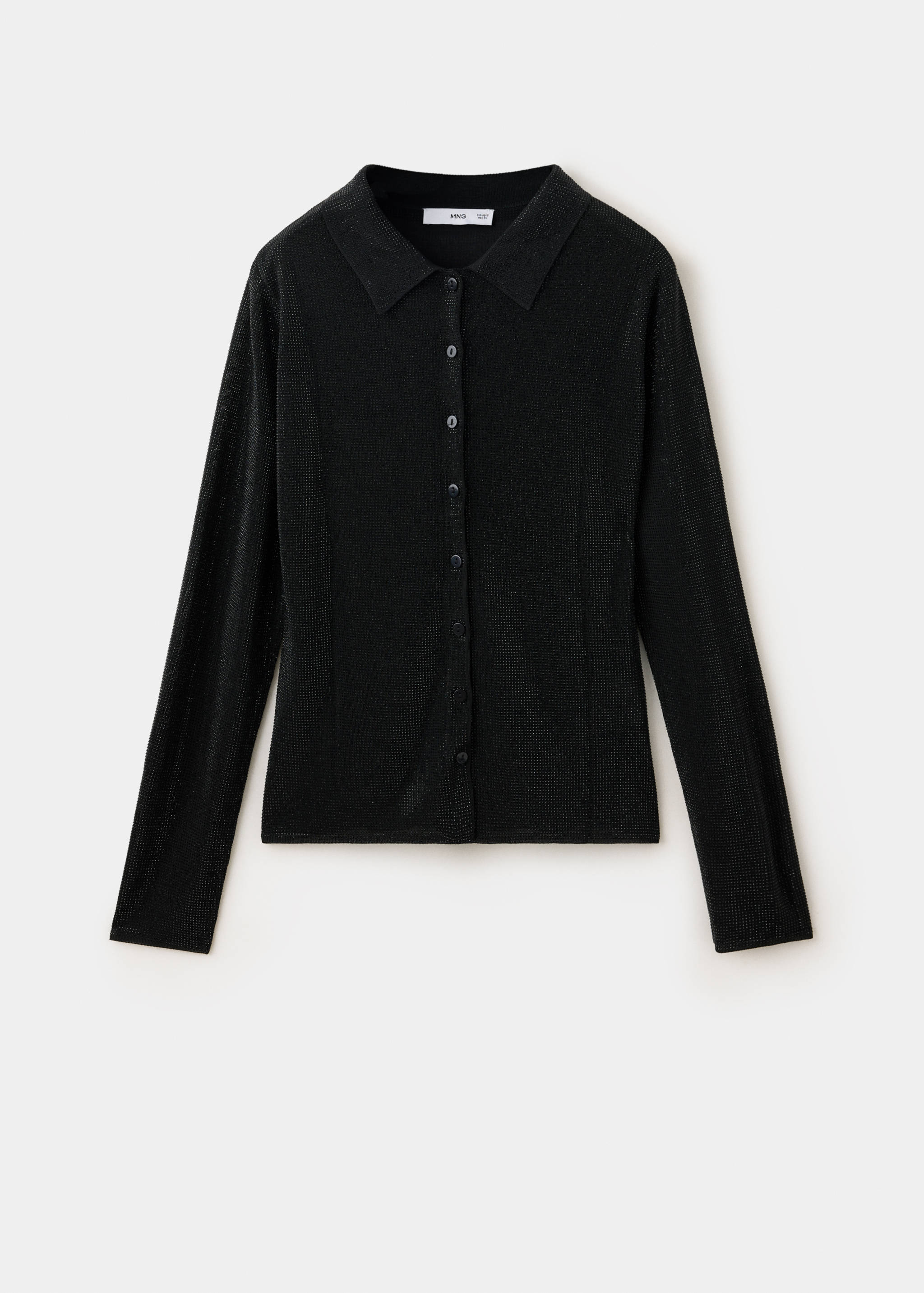 Cárdigans negro de manga larga con cuello camisero y botones delanteros.