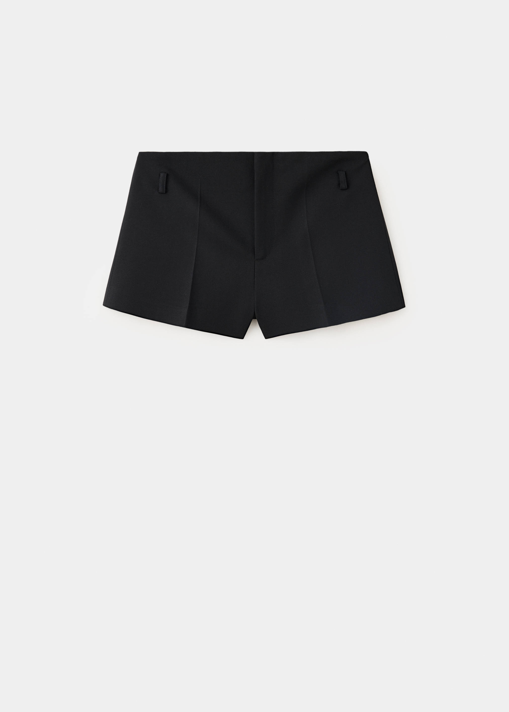 Tailored black shorts with belt loops and pressed creases.
