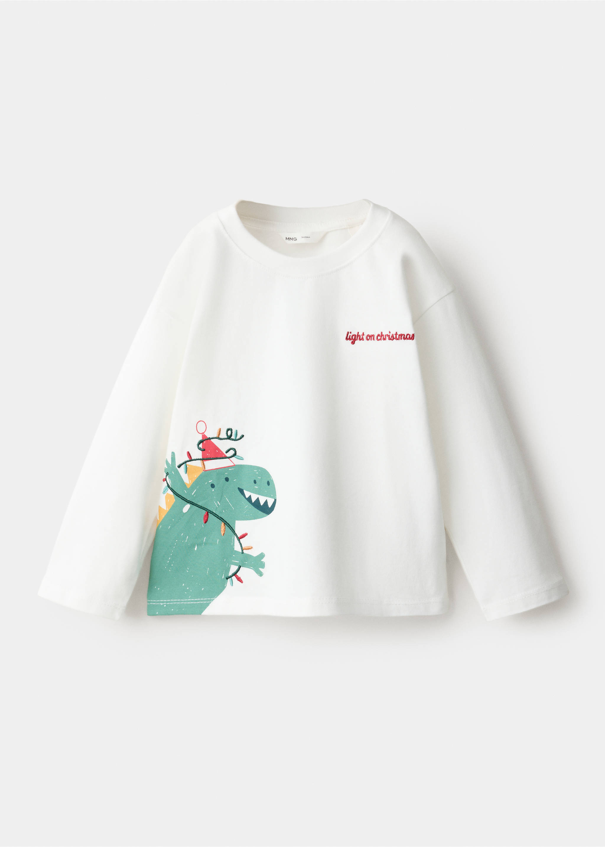 White kids' long-sleeve t-shirt with a Christmas dinosaur graphic., Off White. Ref: 37099208-00.