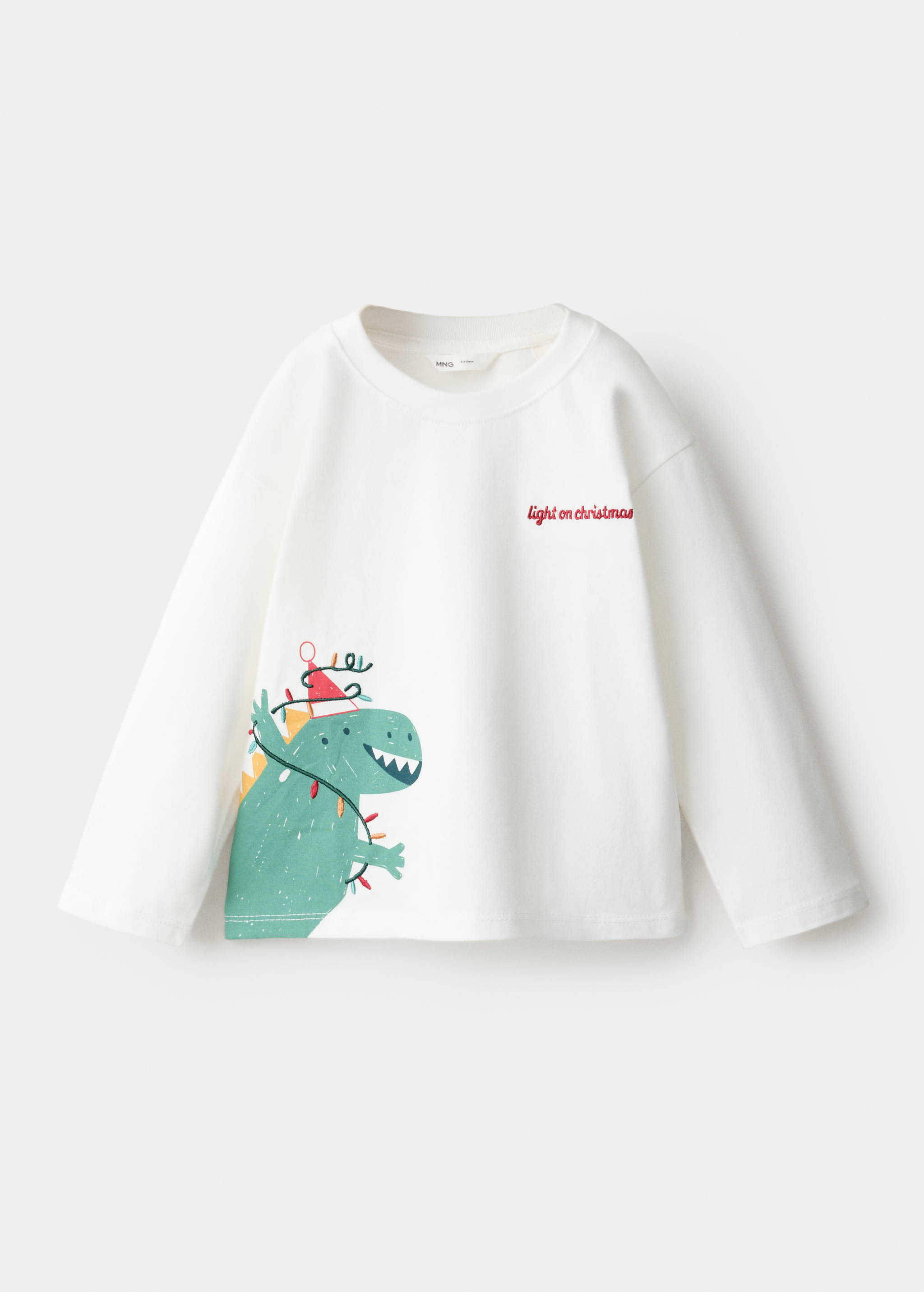 White kids' long-sleeve t-shirt with a Christmas dinosaur graphic.