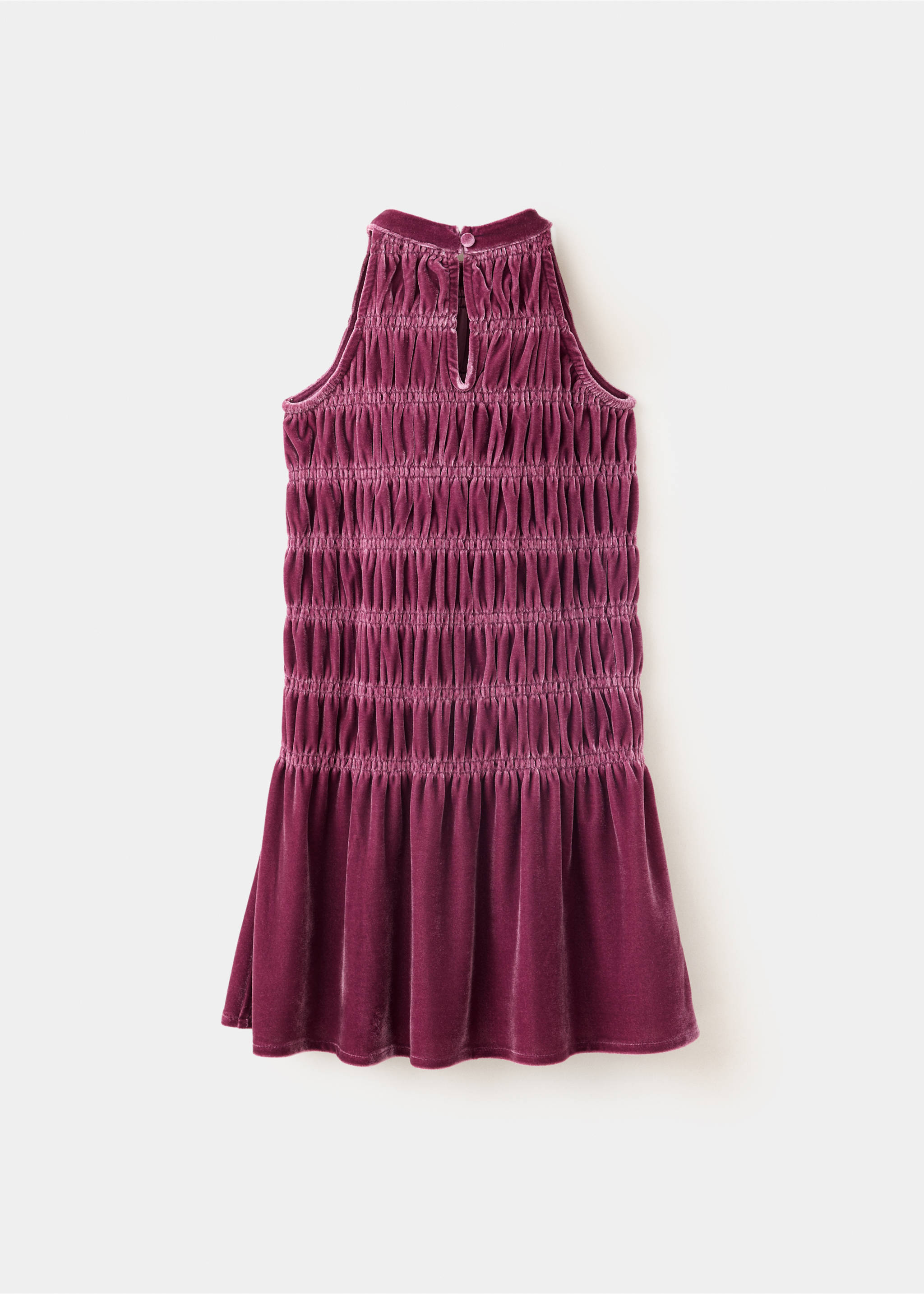 Back view of a plum velvet smocked dress with a high halter neckline and ruffled hem., Cherry. Ref: 37099210-00.