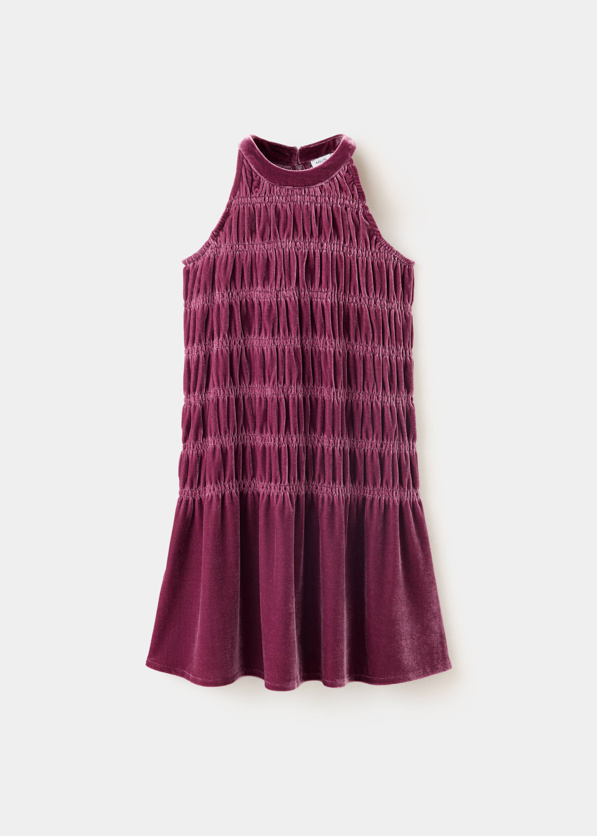 Plum velvet kids' dress with a high neck and smocked bodice.