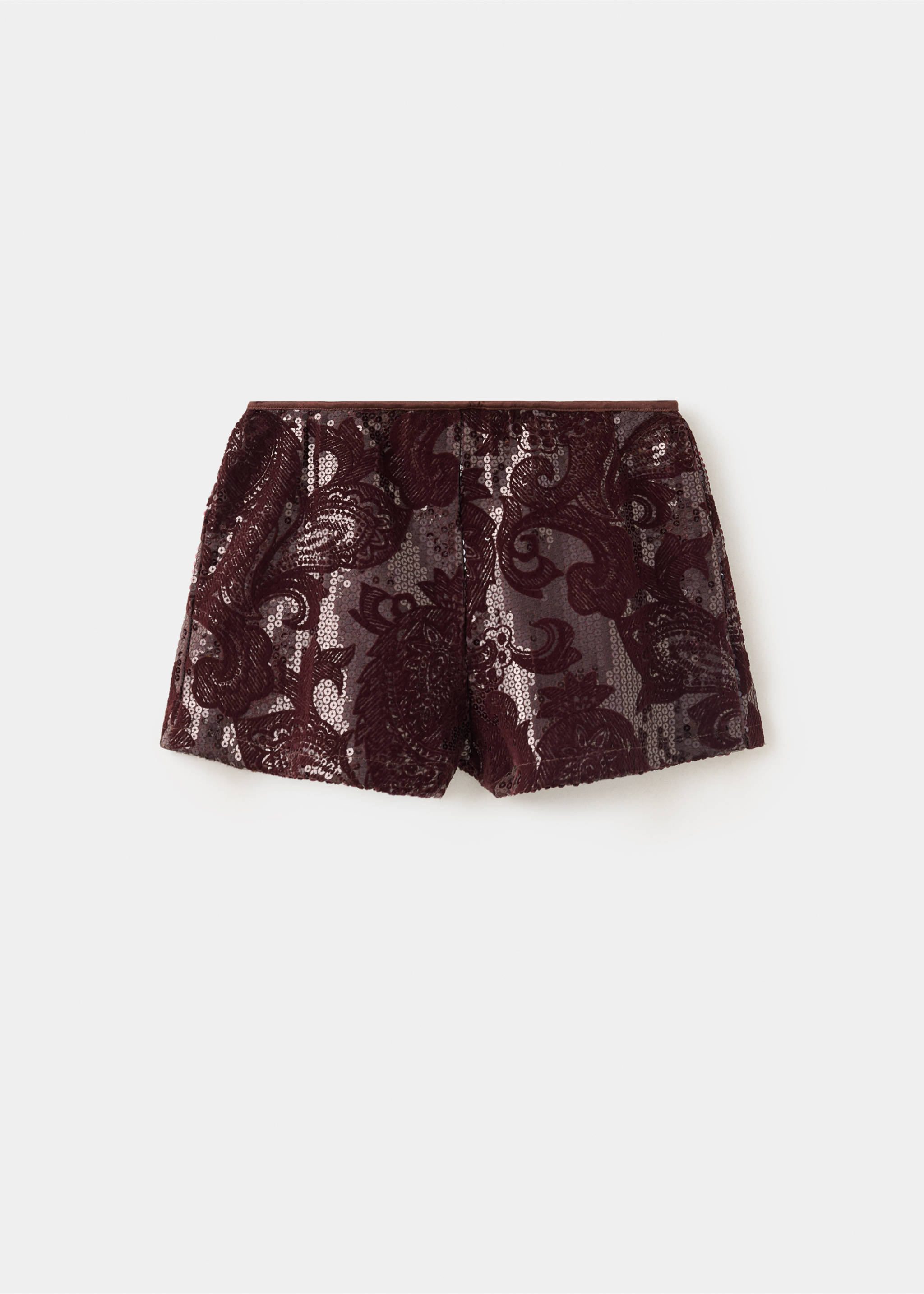Burgundy paisley sequin shorts with a straight-cut silhouette., Wine. Ref: 37099211-00.