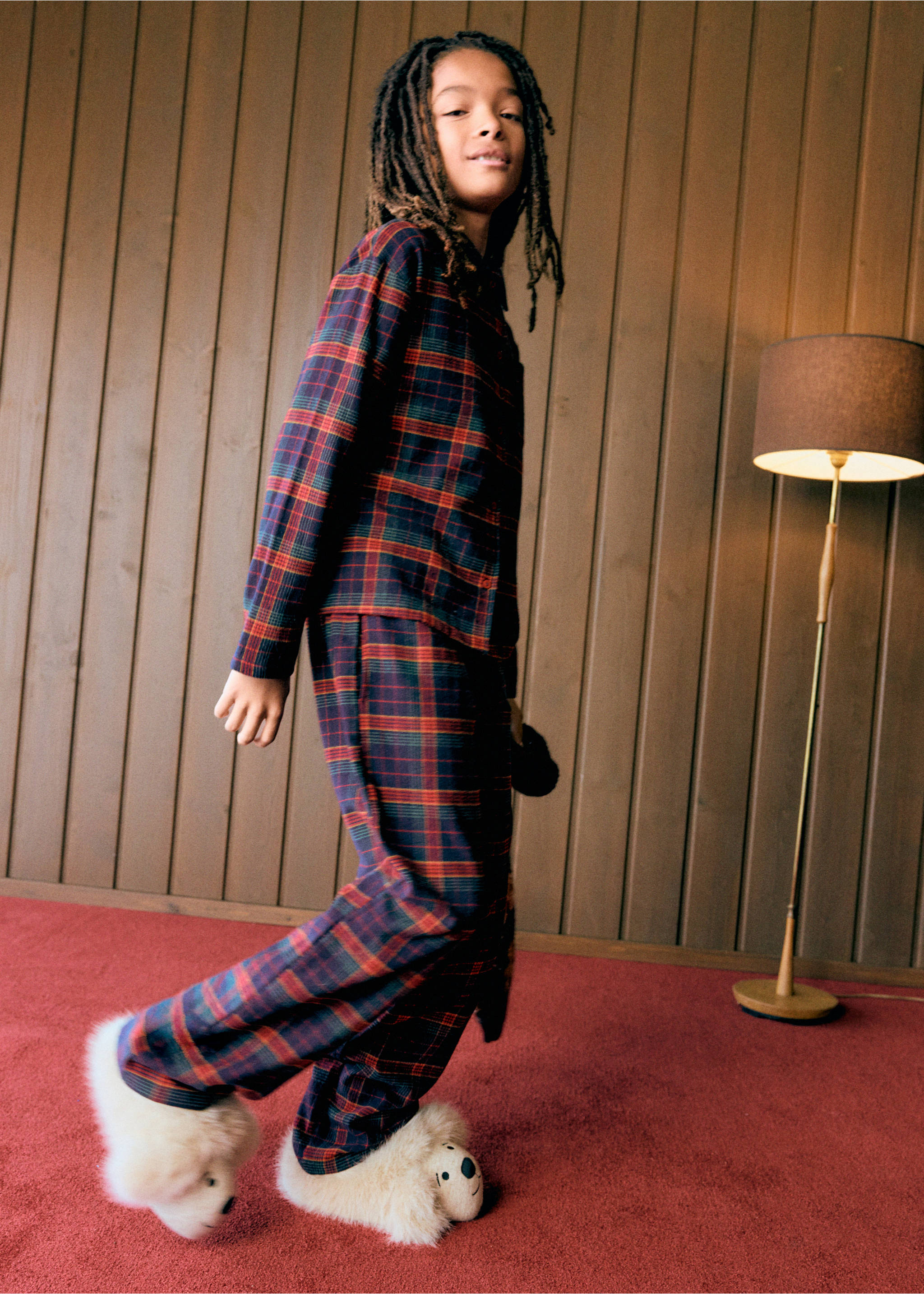 Kids' red and green plaid pyjama set featuring a button-down shirt and matching trousers., Navy. Ref: 37099212-00.