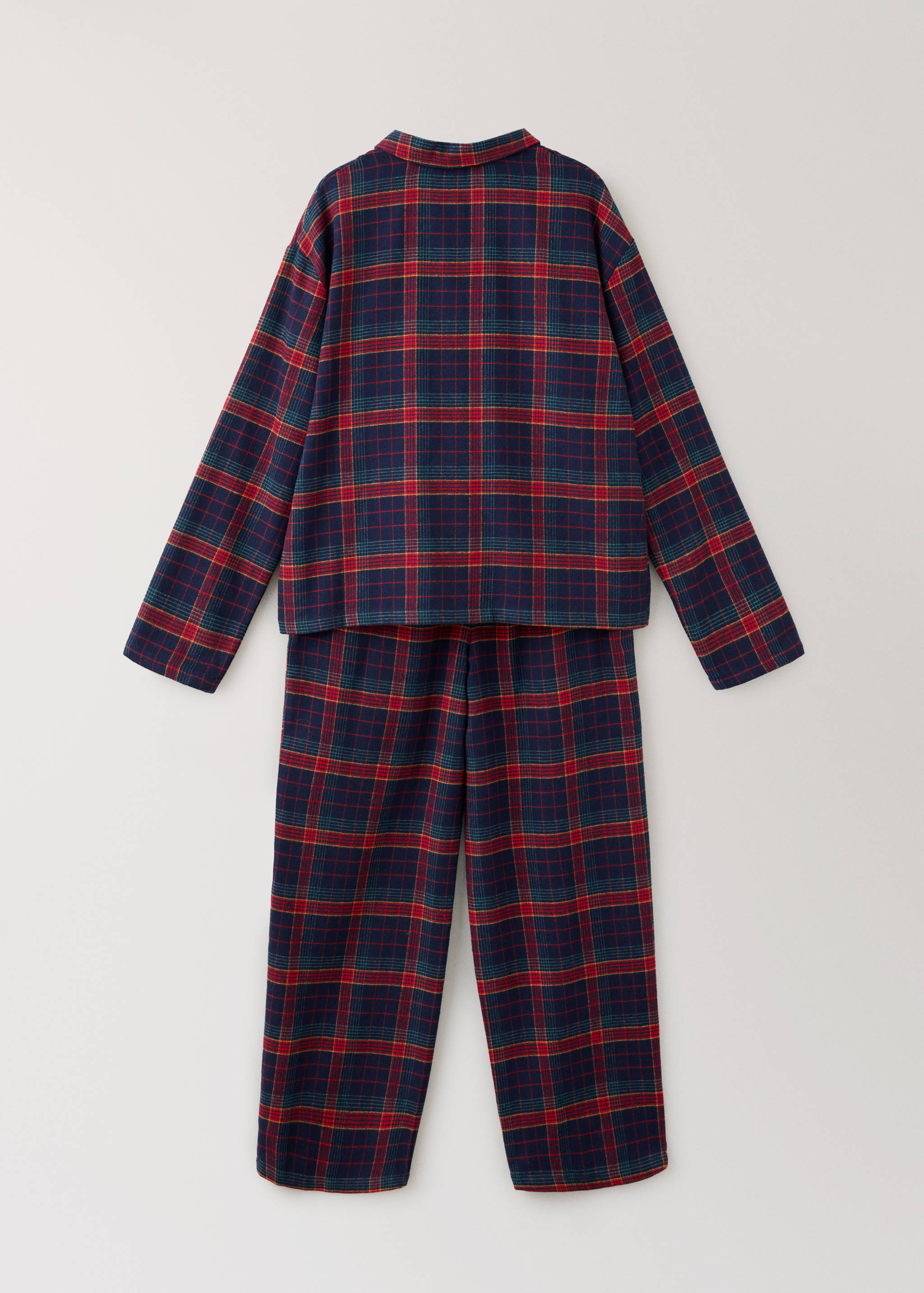 Children's red and dark blue plaid pyjamas shown from the back.