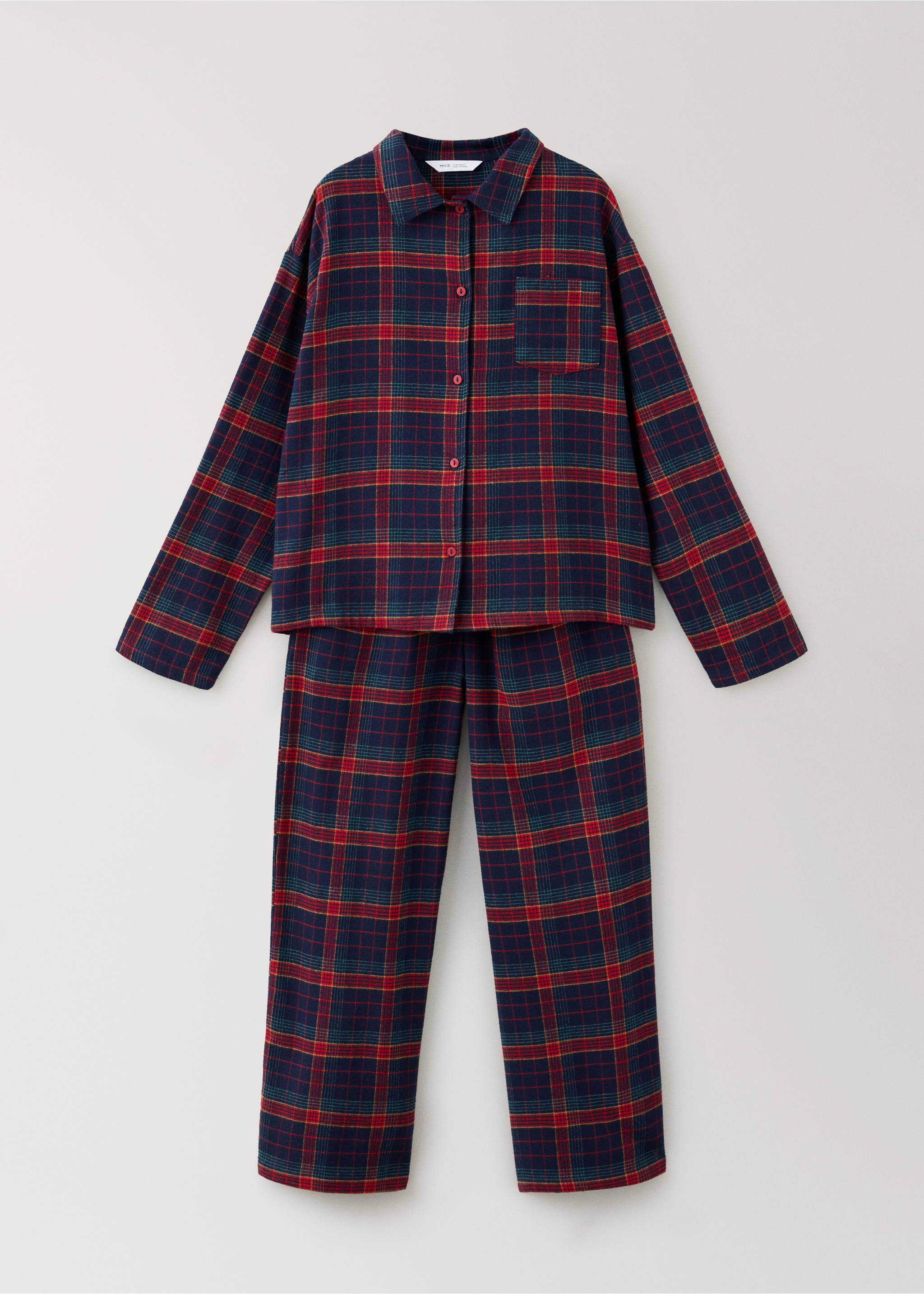 Navy blue, red and yellow plaid pyjama set with button-down shirt and trousers., Navy. Ref: 37099212-00.