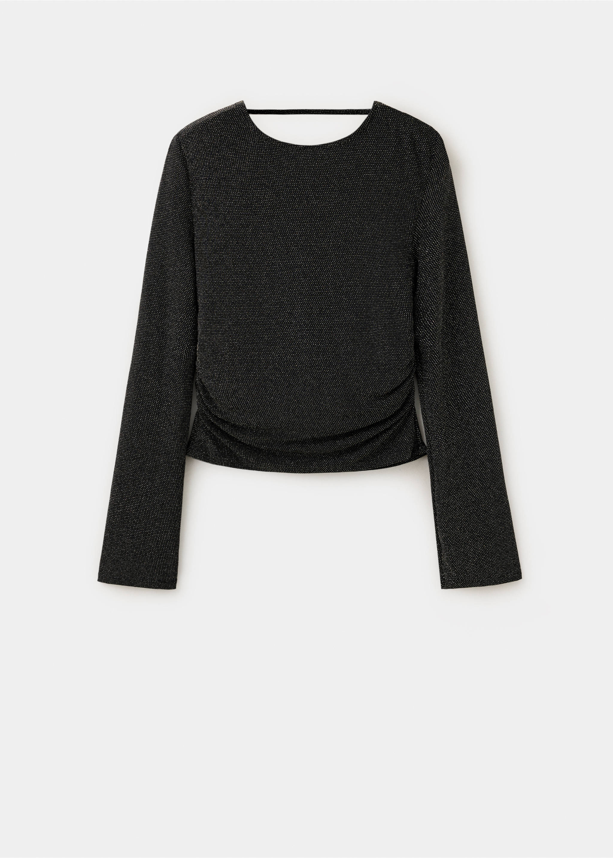 Black sparkling long-sleeved t-shirt with a rounded neckline and side ruching., Black. Ref: 37099219-00.