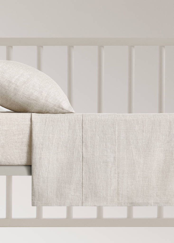 Washed linen top sheet with hemstitch for cot — Beige