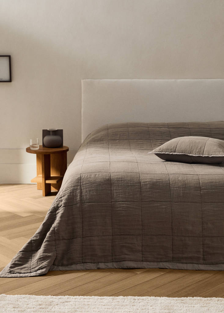 Steppdecke aus gewaschenem Leinen mit Karomuster, Bett 130/150 cm — Mittelbraun
