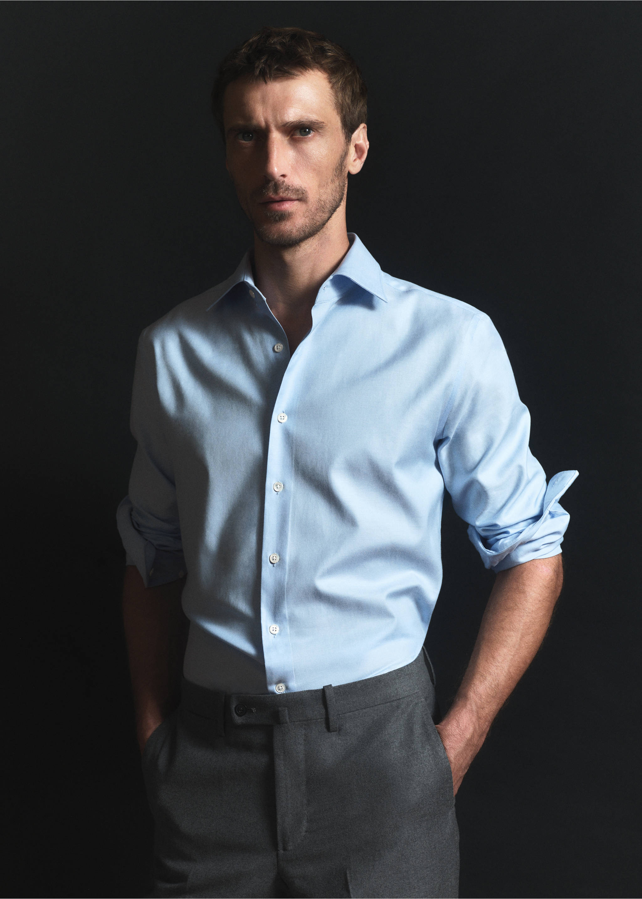 Light blue long-sleeved shirt with a classic collar and front buttons., Sky Blue. Ref: 37968267-00.