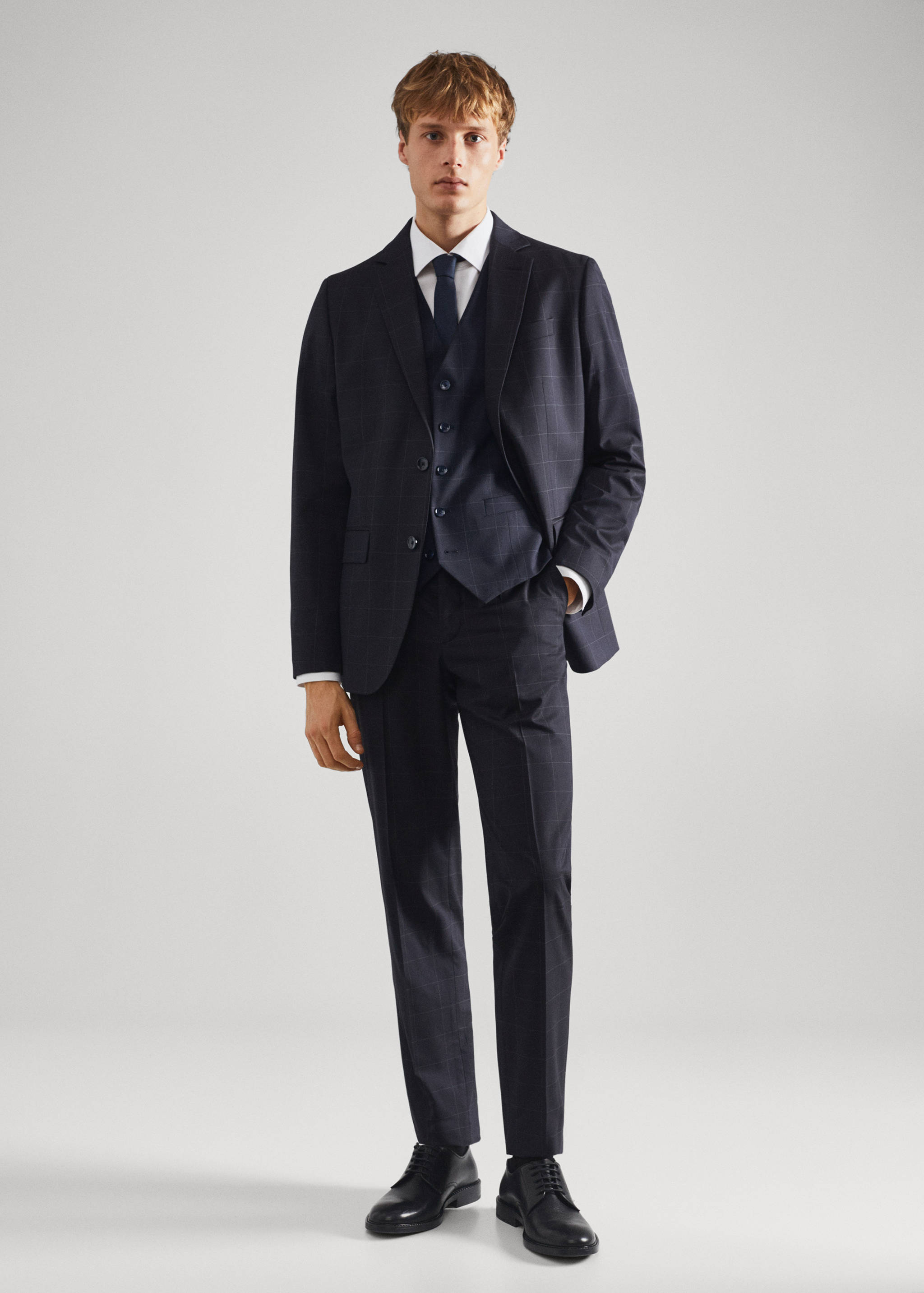 修身格纹西装马甲 - null