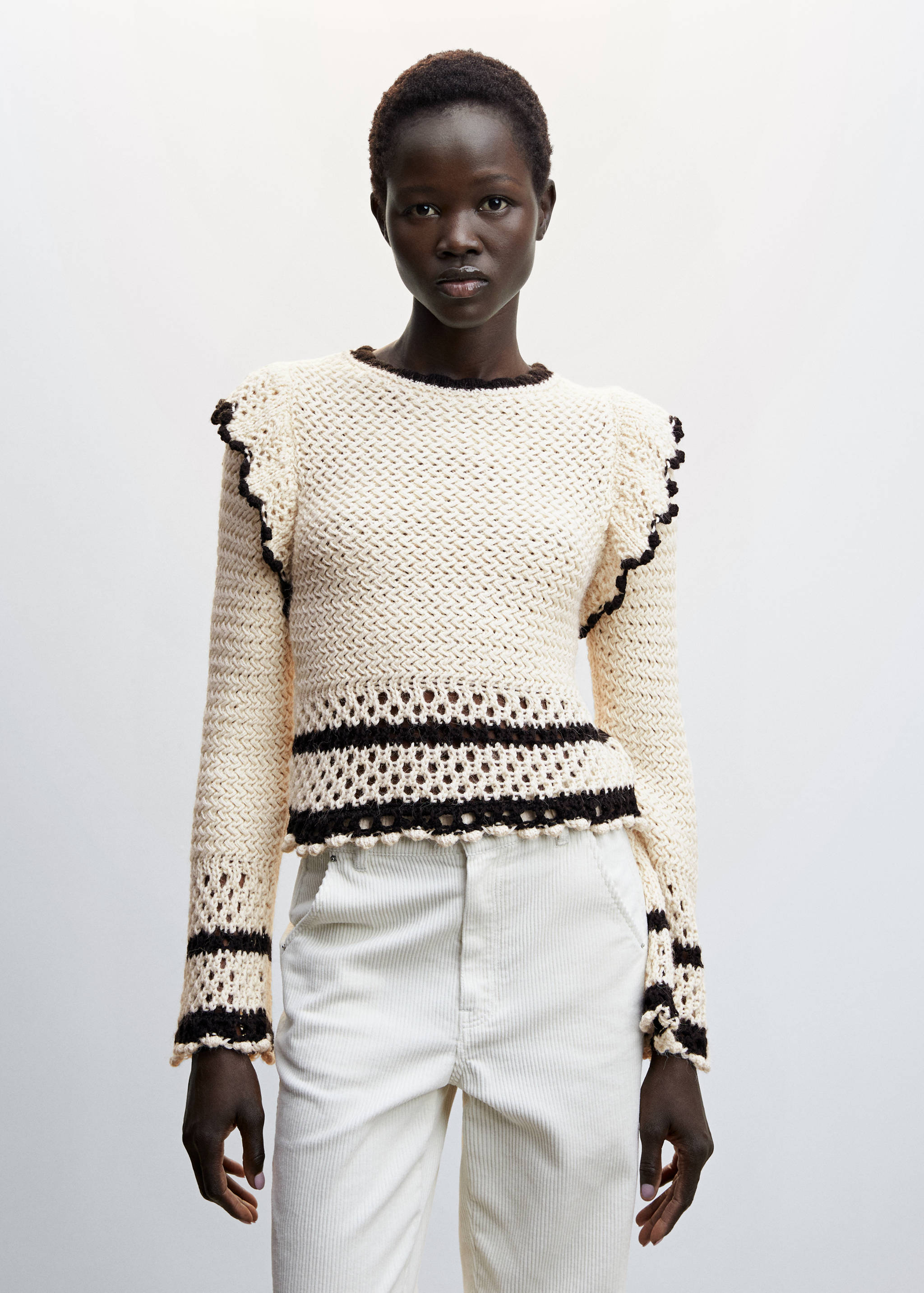 荷叶边网眼细节毛衣 - null