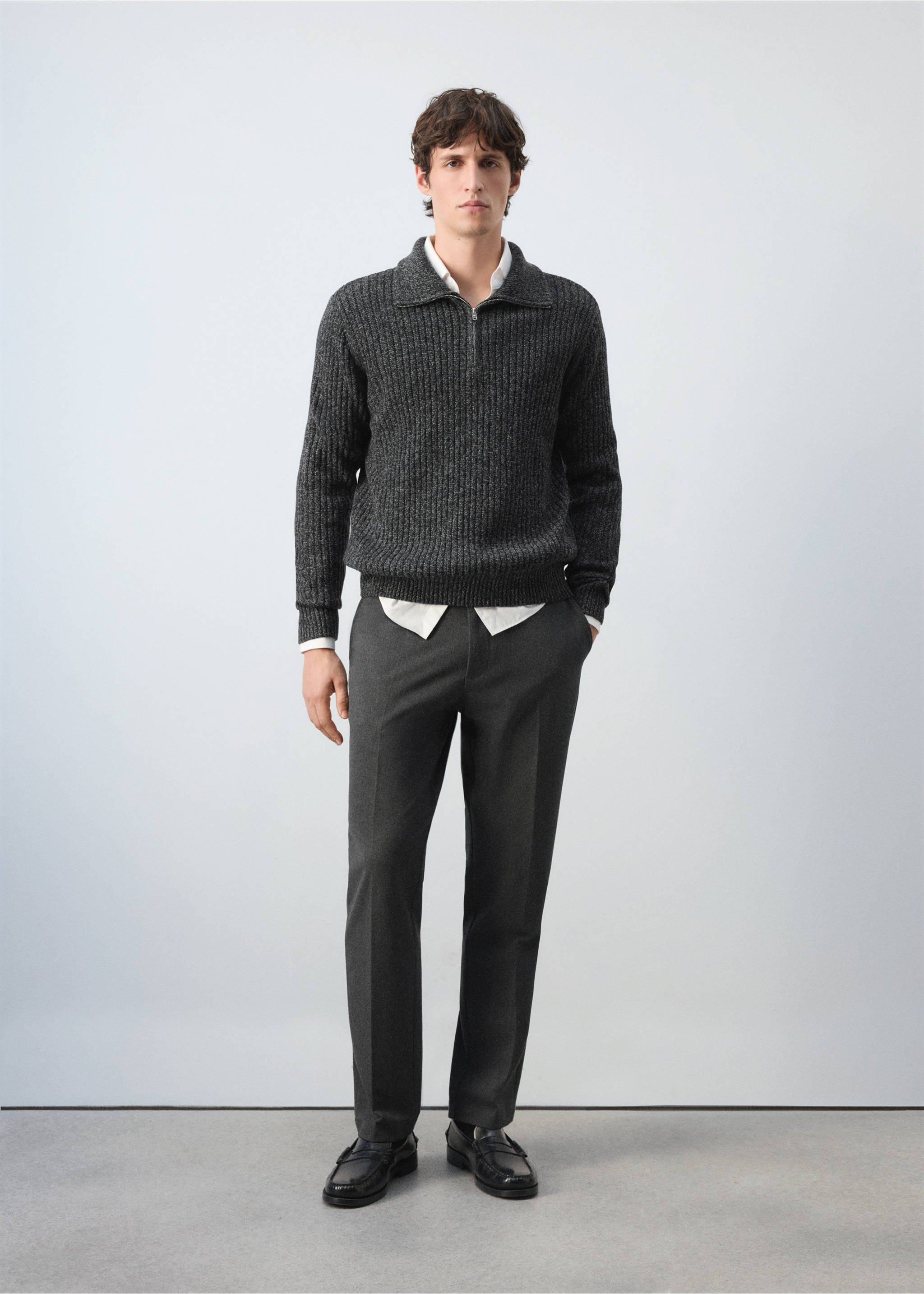 Dark grey ribbed knit zip-up jersey worn over a white shirt., Dark Heather Grey. Ref: 47001390-00.