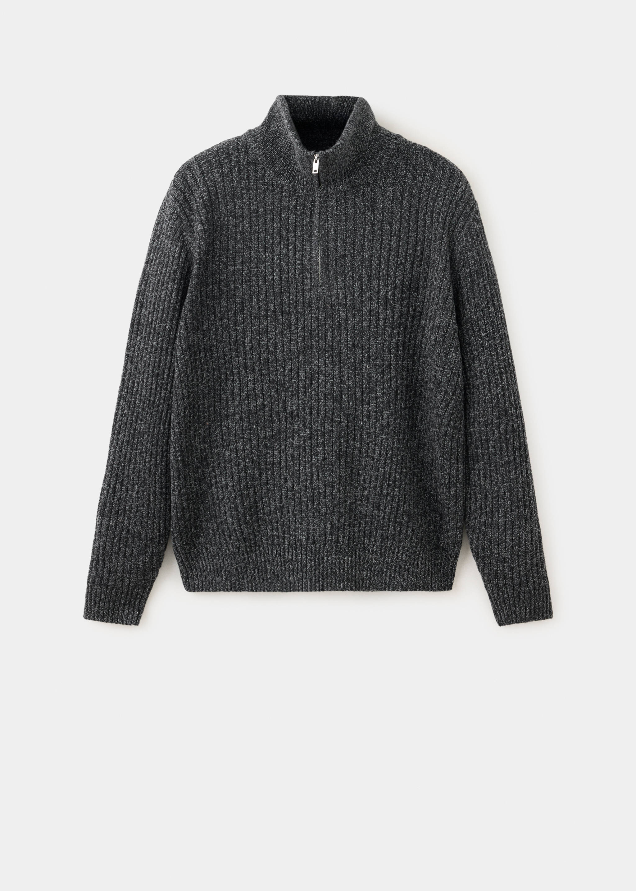 Dark grey marled half-zip ribbed knit jumper with a high funnel neck.