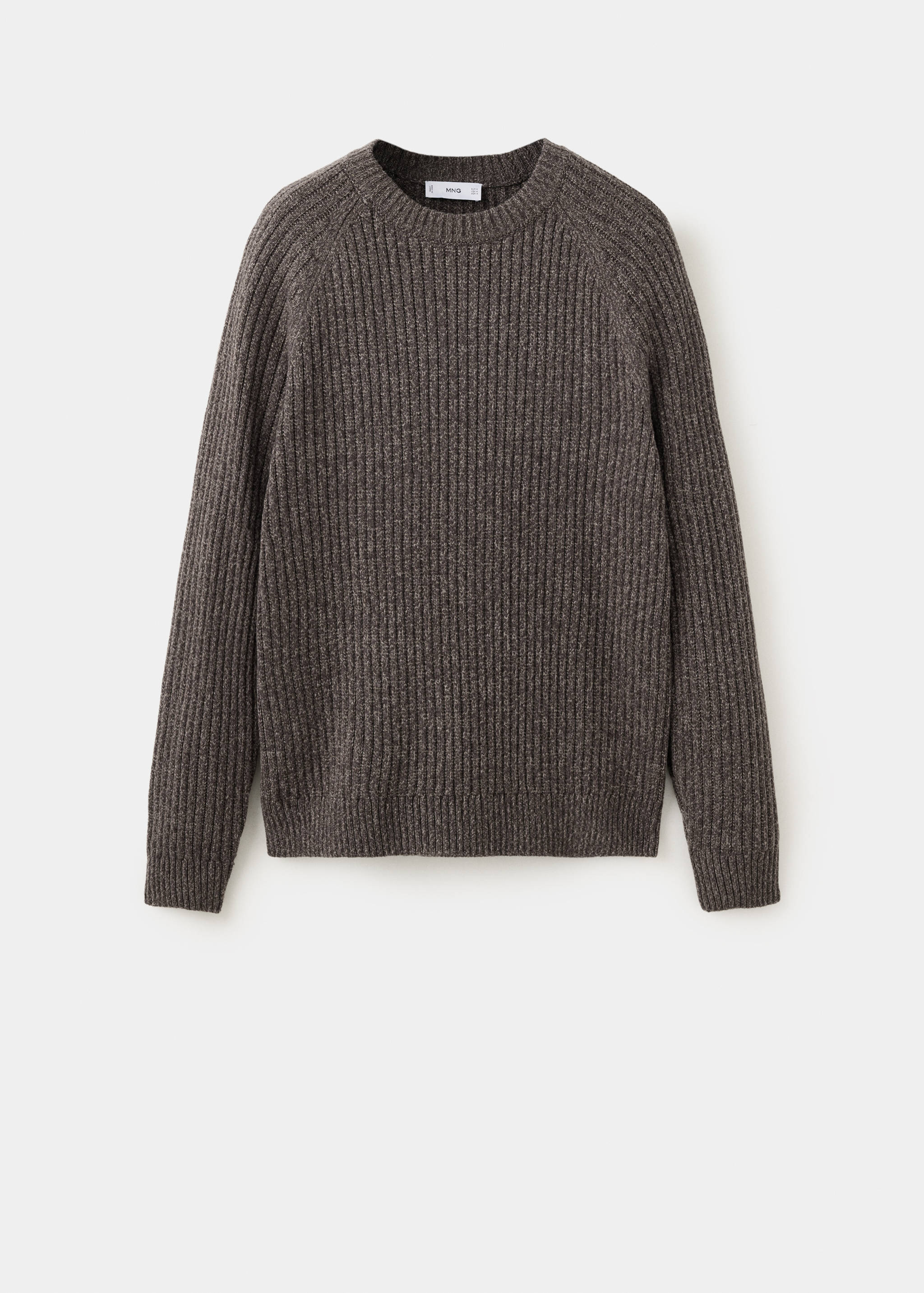Dark brown ribbed knit sweater with a crew neck.