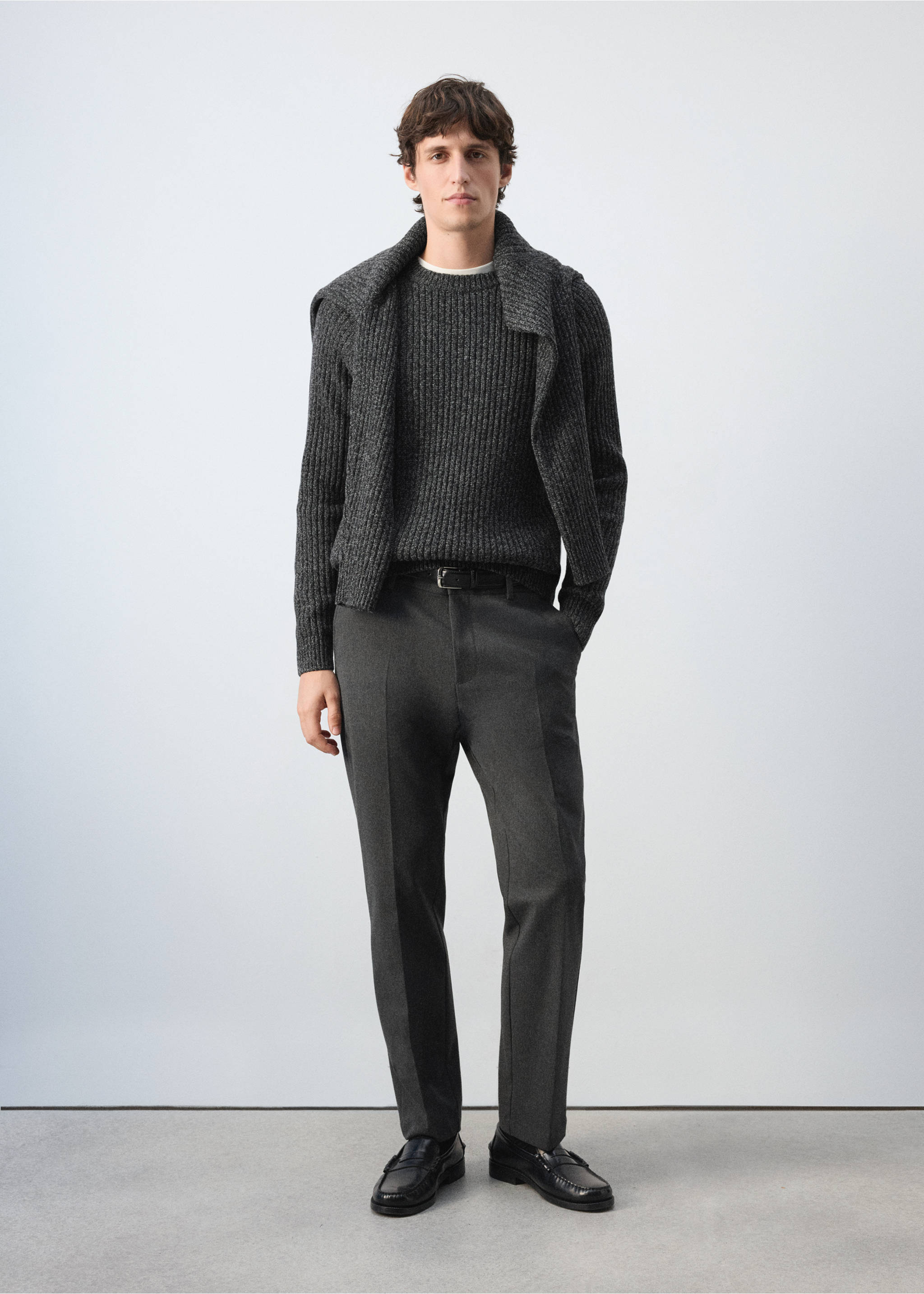 Dark grey ribbed knit jersey with crew neck worn with matching draped jersey, Dark Heather Grey. Ref: 47001393-00.