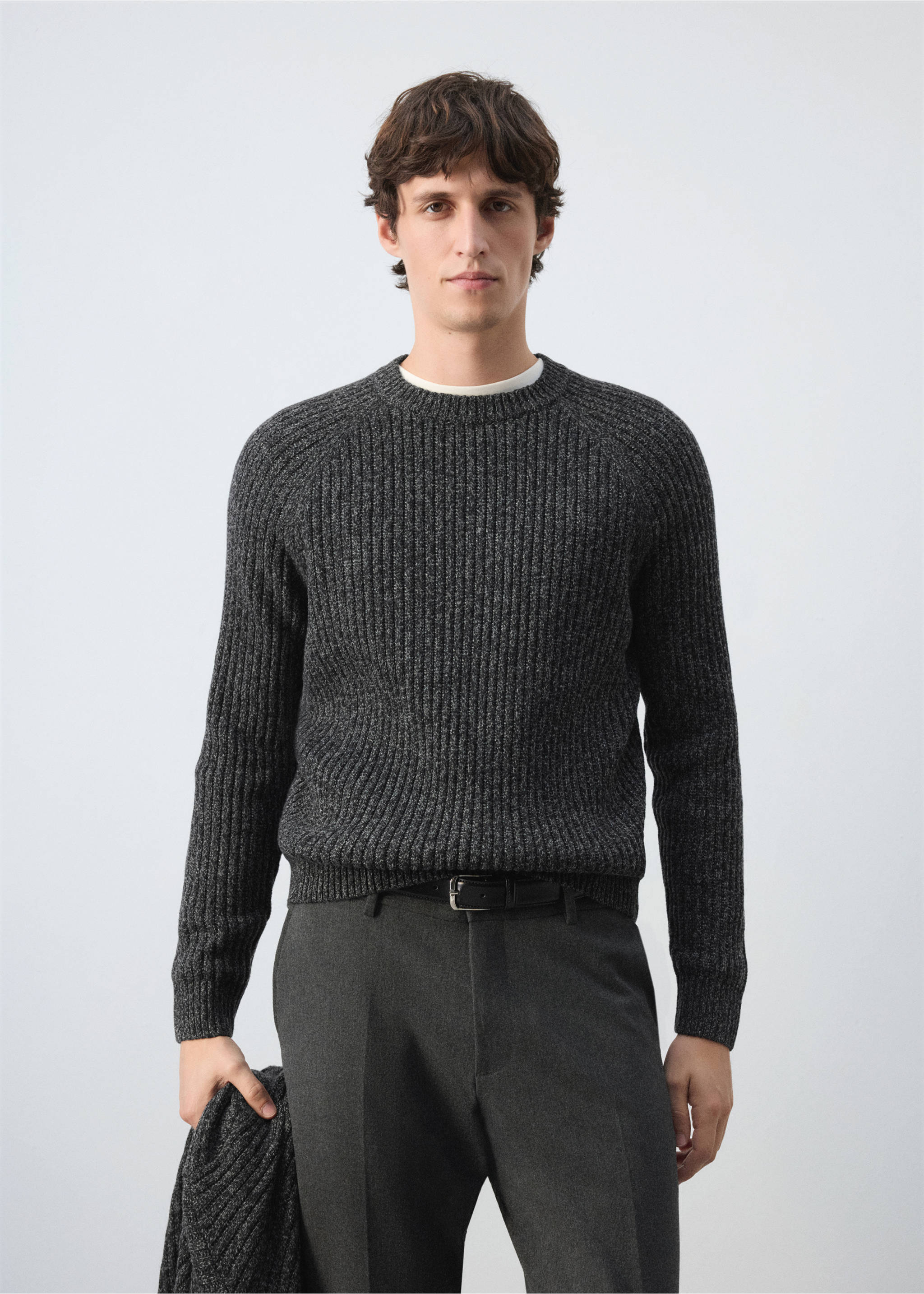 Dark grey ribbed knit crew neck jersey with raglan sleeves., Dark Heather Grey. Ref: 47001393-00.
