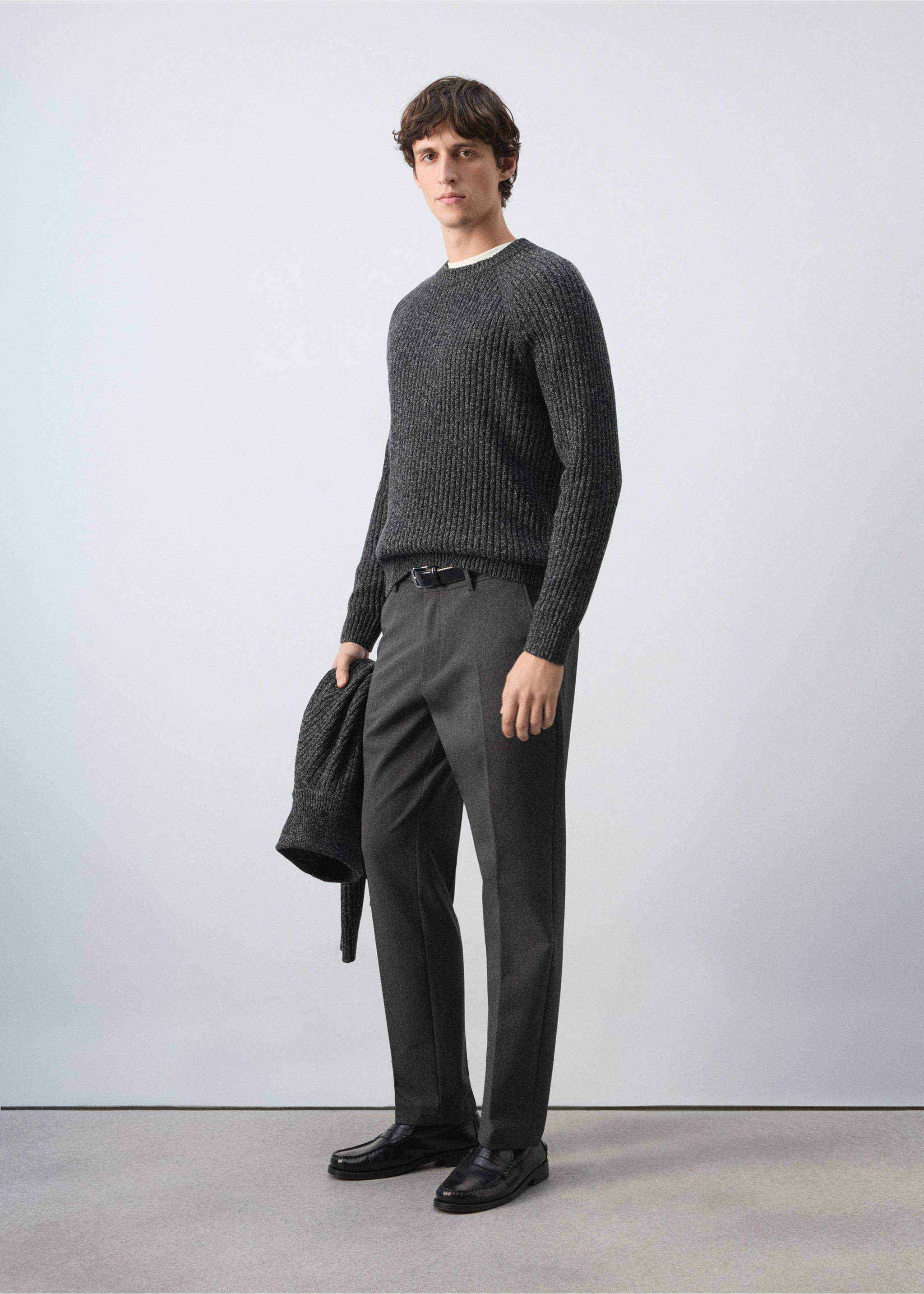 Dark grey ribbed knit crew neck jumper with long raglan sleeves., Dark Heather Grey. Ref: 47001393-00.