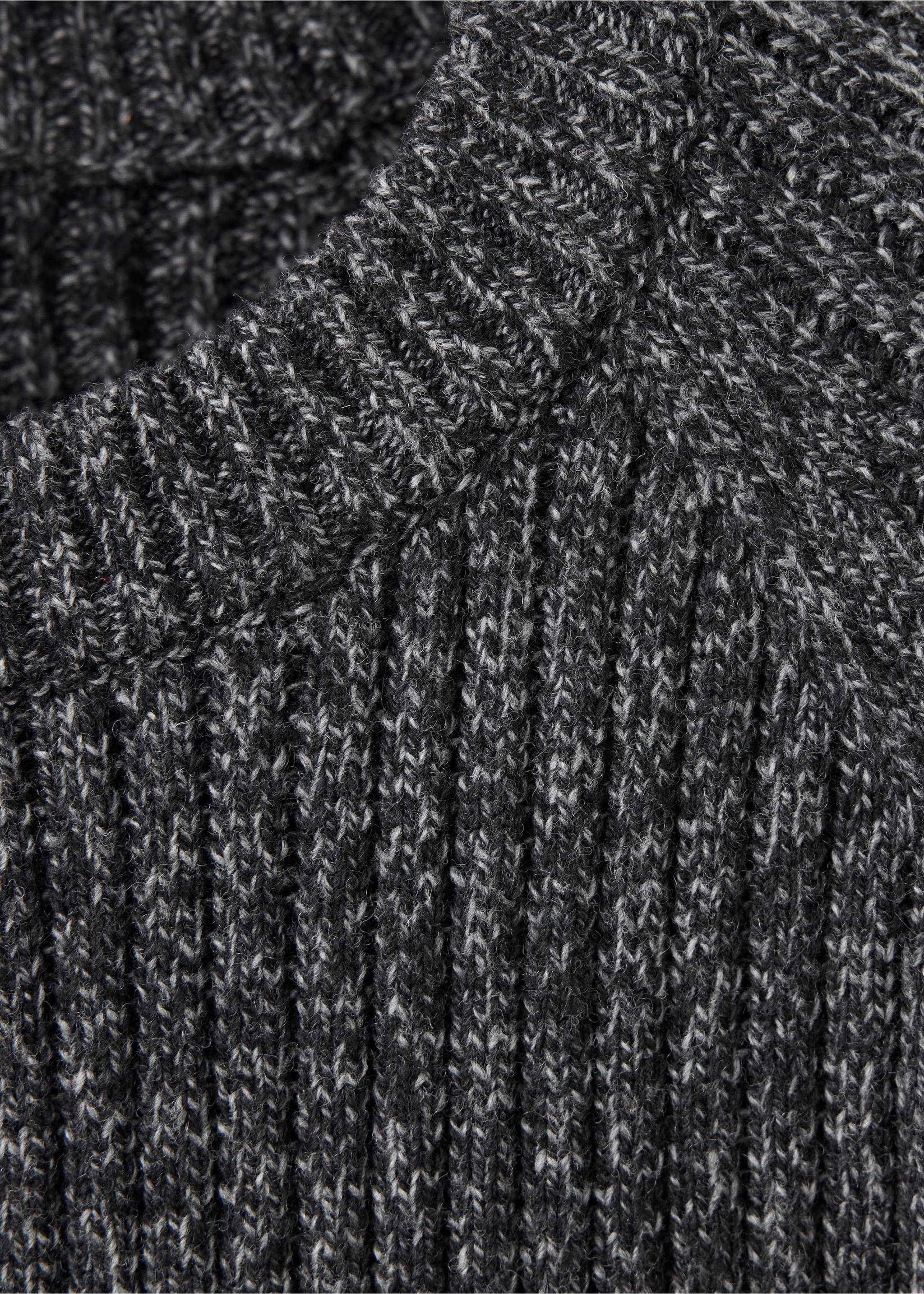 Close-up of a dark grey melange ribbed knit jersey showing the neckline detail., Dark Heather Grey. Ref: 47001393-00.