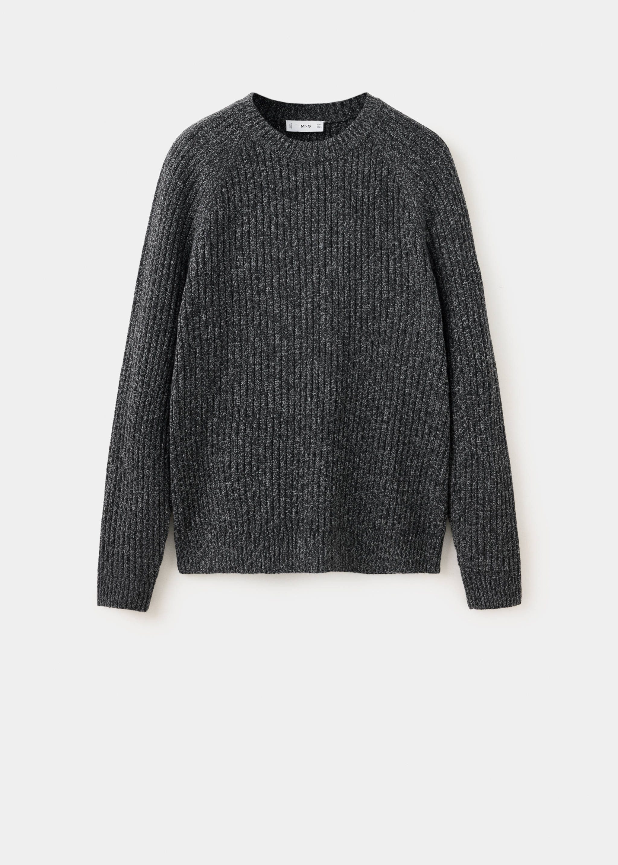 Dark grey melange crew-neck knitted jersey with long raglan sleeves.