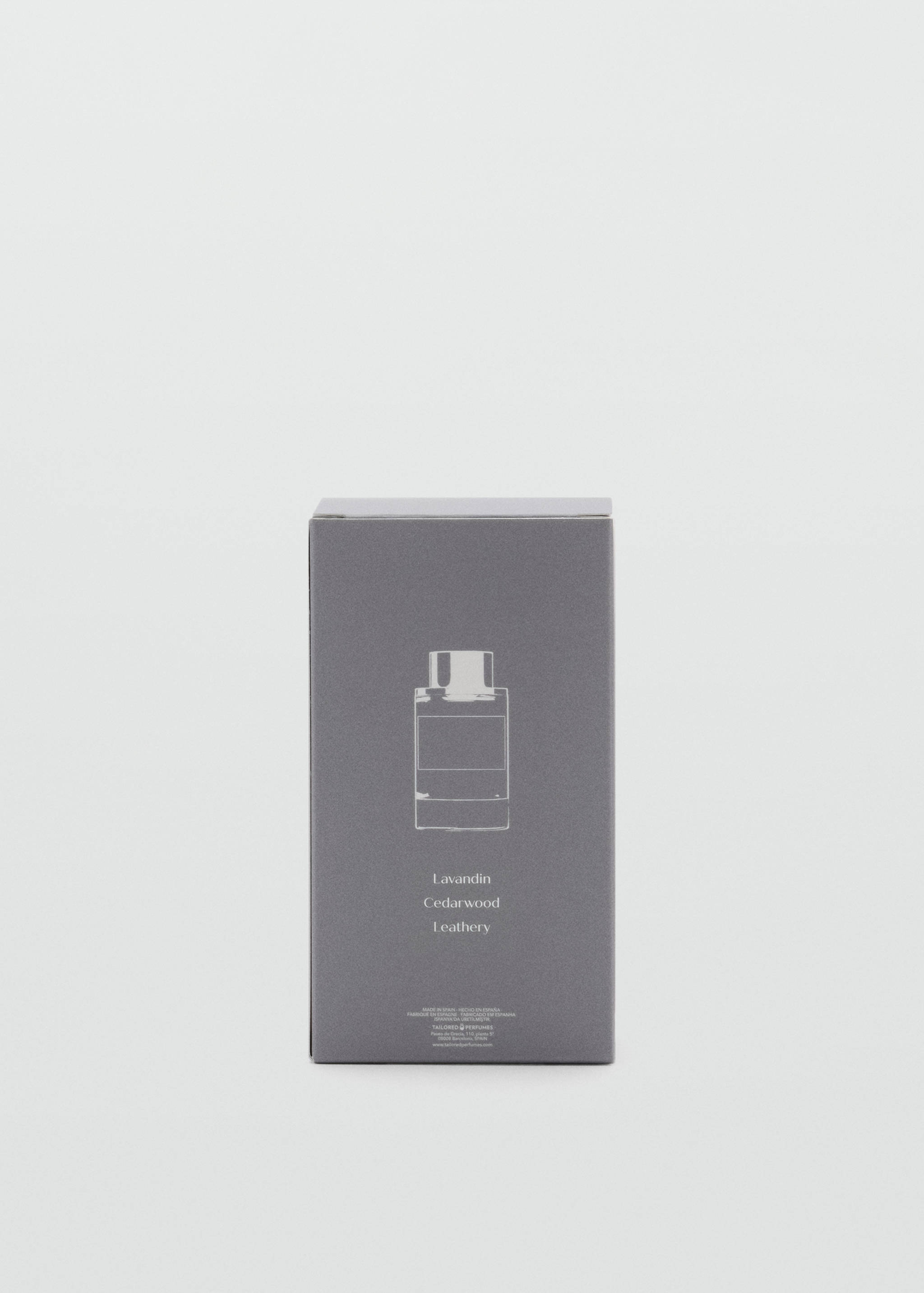 Grey perfume packaging box with a white bottle illustration.
