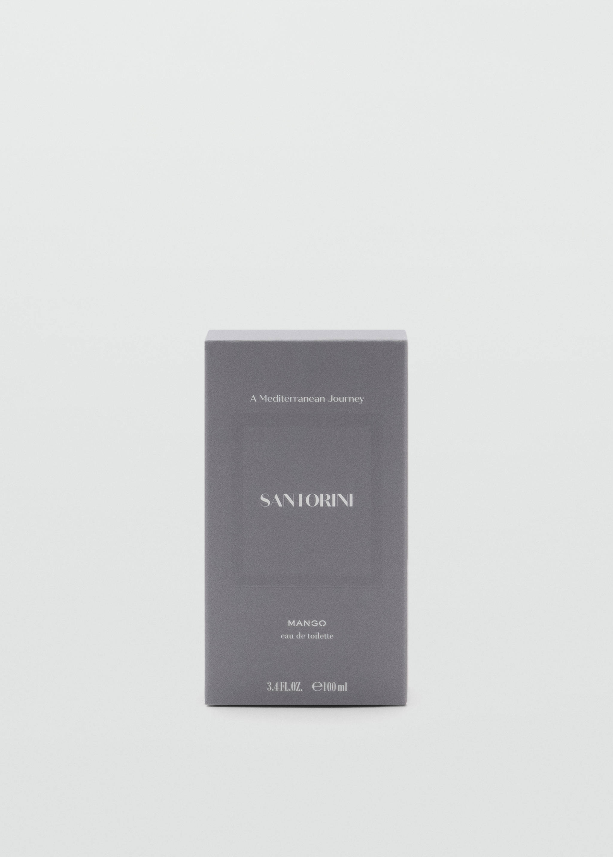Grey Santorini eau de toilette perfume box with white text.