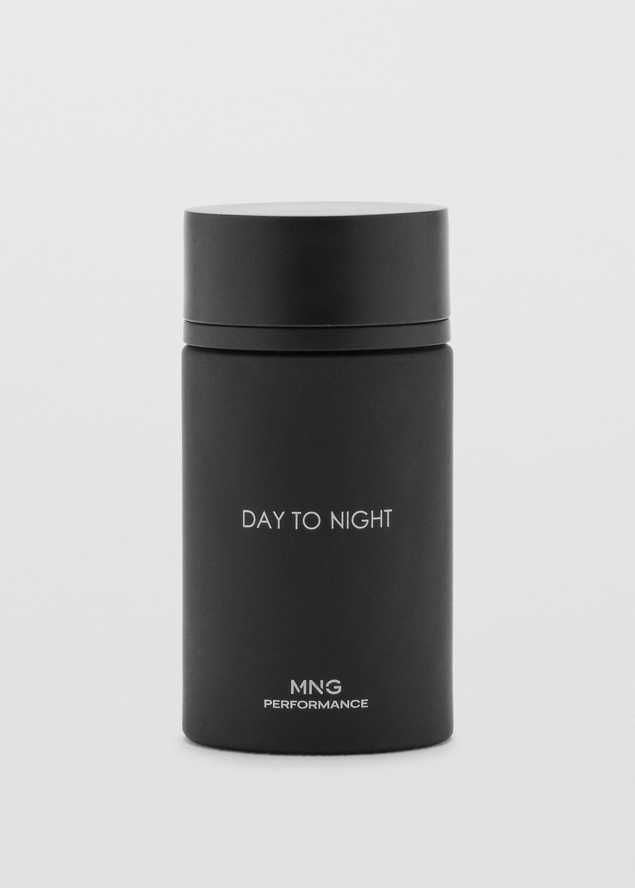 Black cylindrical perfume bottle with matching cap and white text.