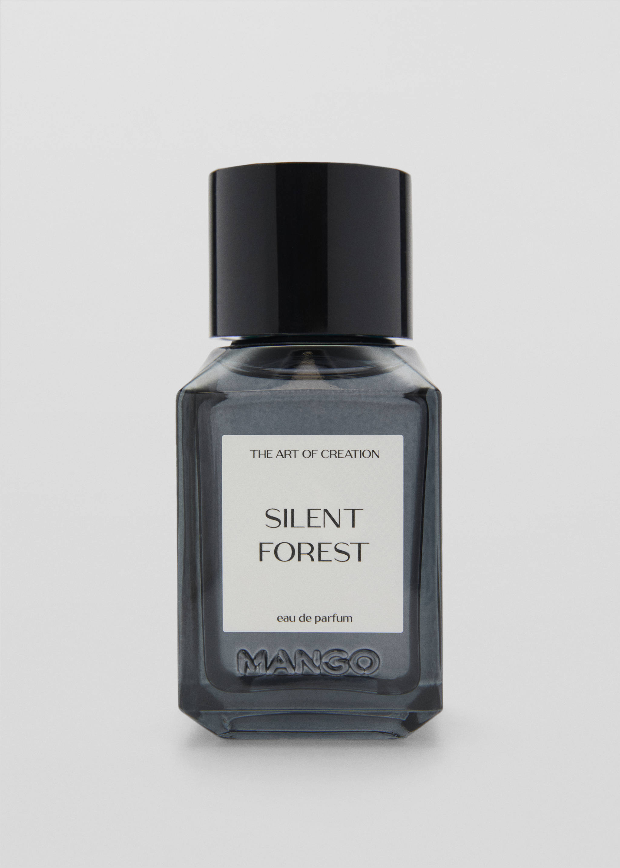 Silent Forest eau de parfum bottle with a black cap and white label., Mink Grey. Ref: 47001446-00.