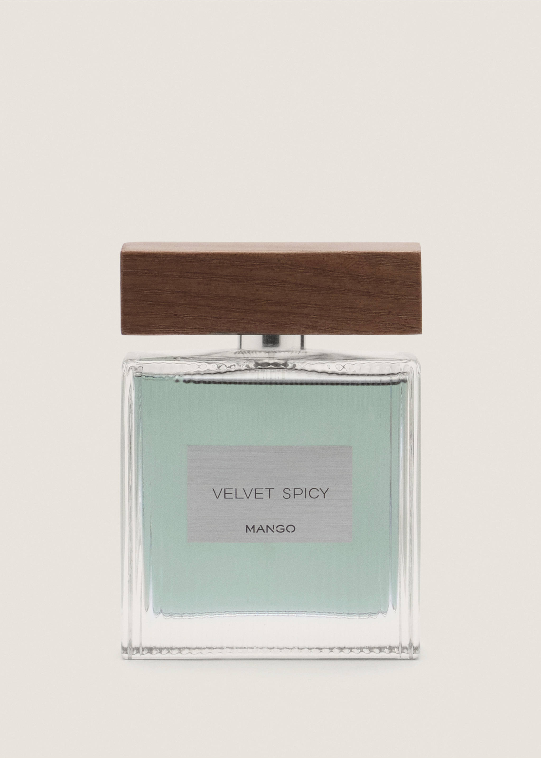 Perfume bottle in pale green with a wooden cap and Mango label., Mink Grey. Ref: 47001452-00.