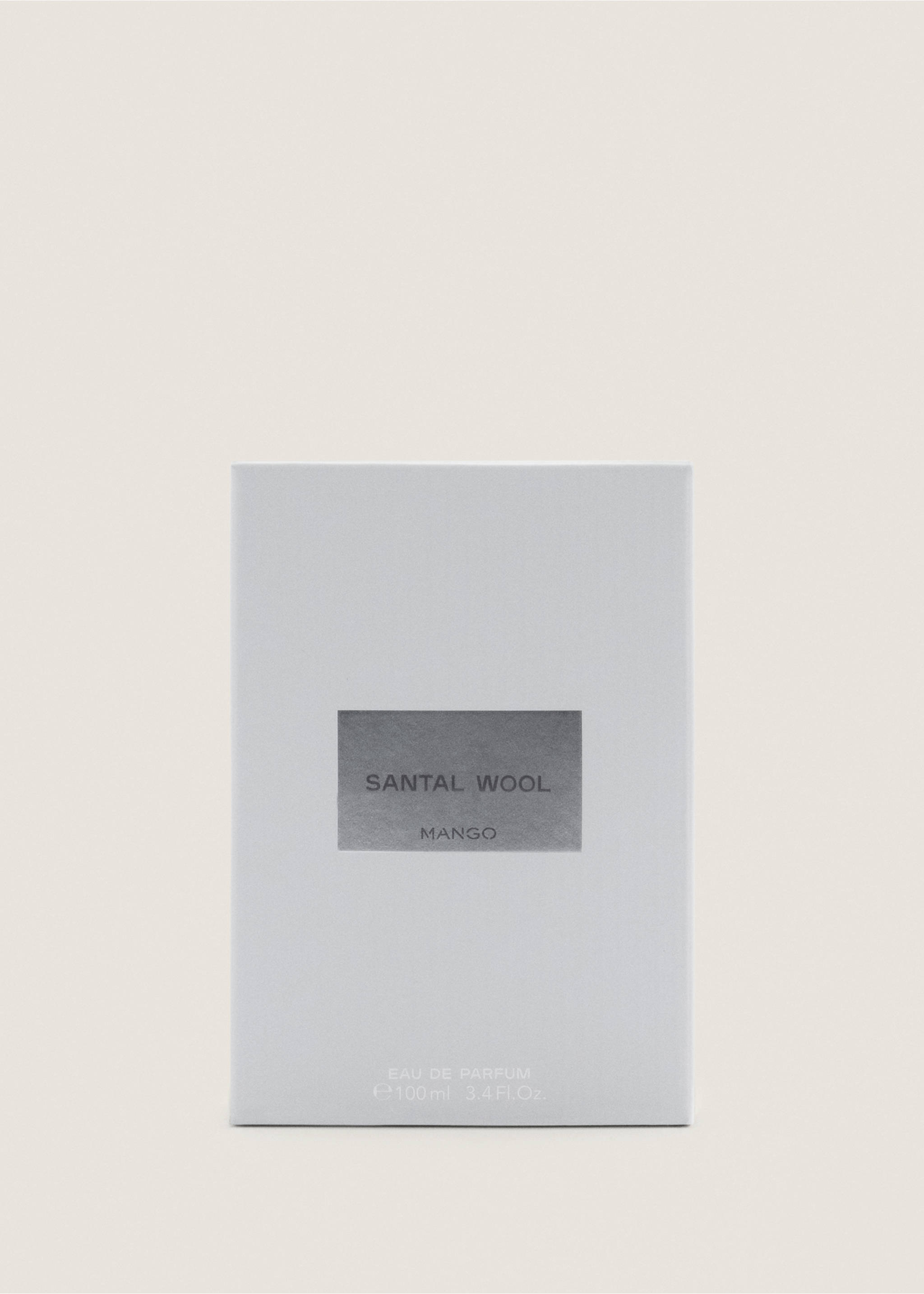 Close-up of a Santal Wool eau de parfum box with a silver label., Mink Grey. Ref: 47001454-00.