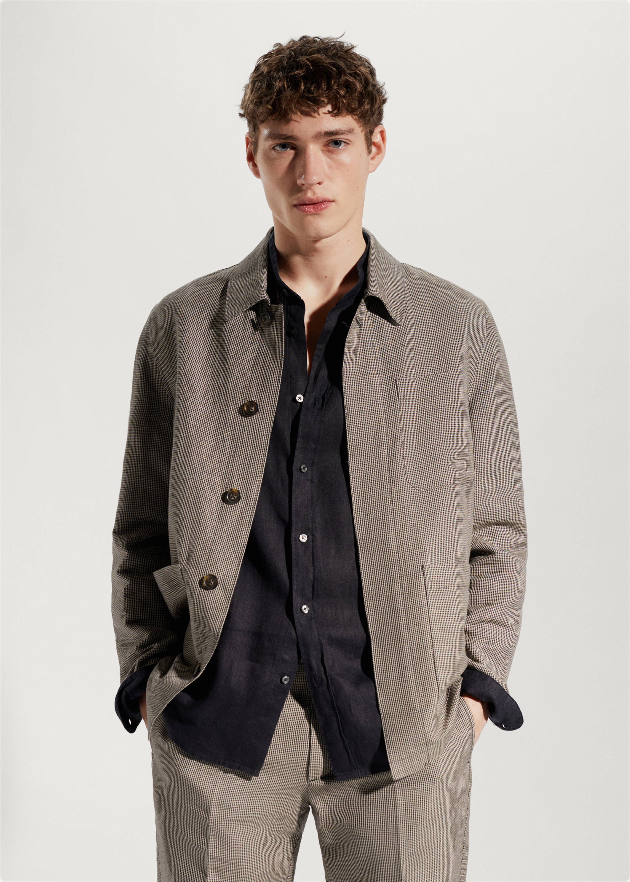 千鸟格亚麻外套衬衫 - null