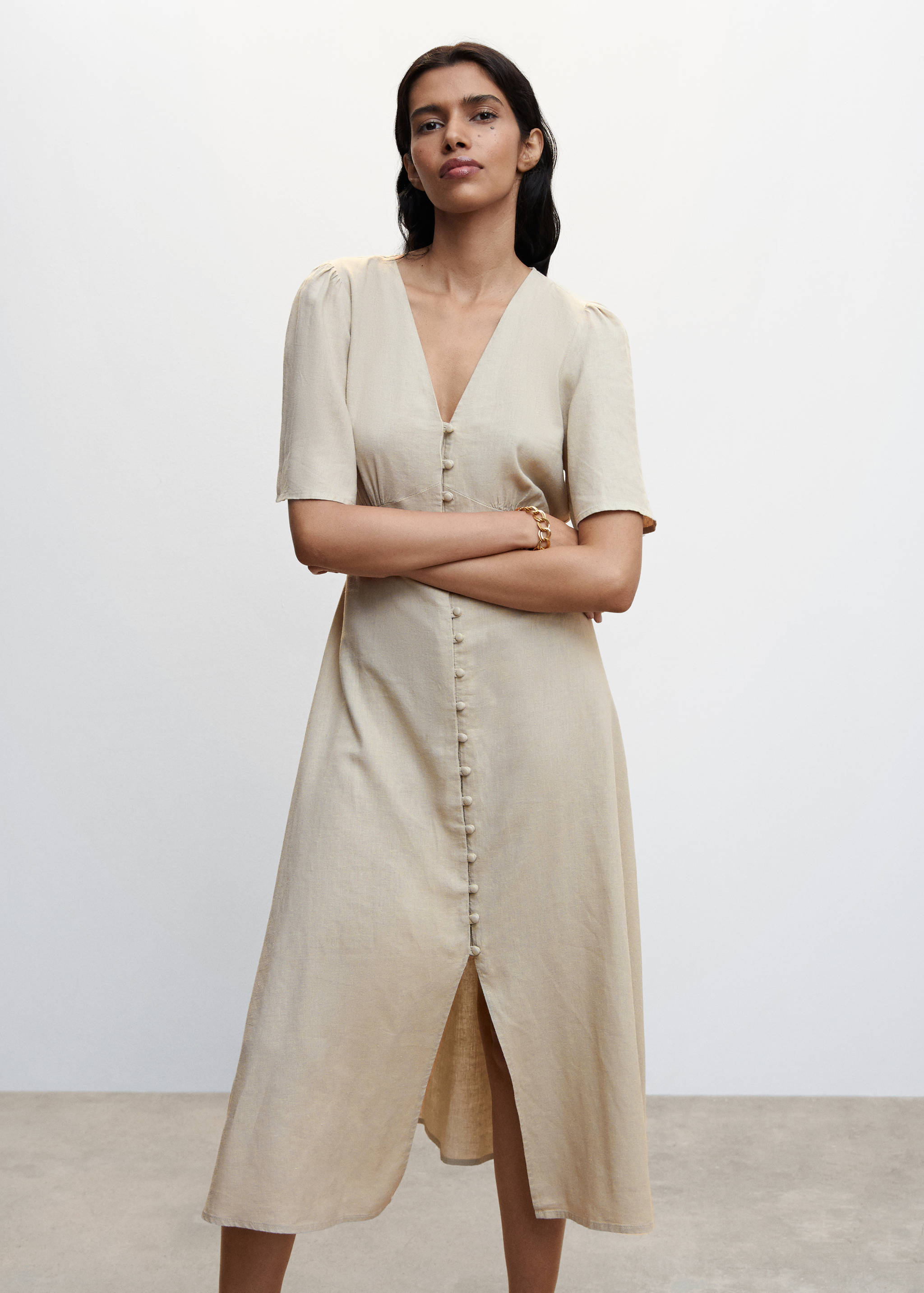 Buttoned linen-blend dress - Medium plane
