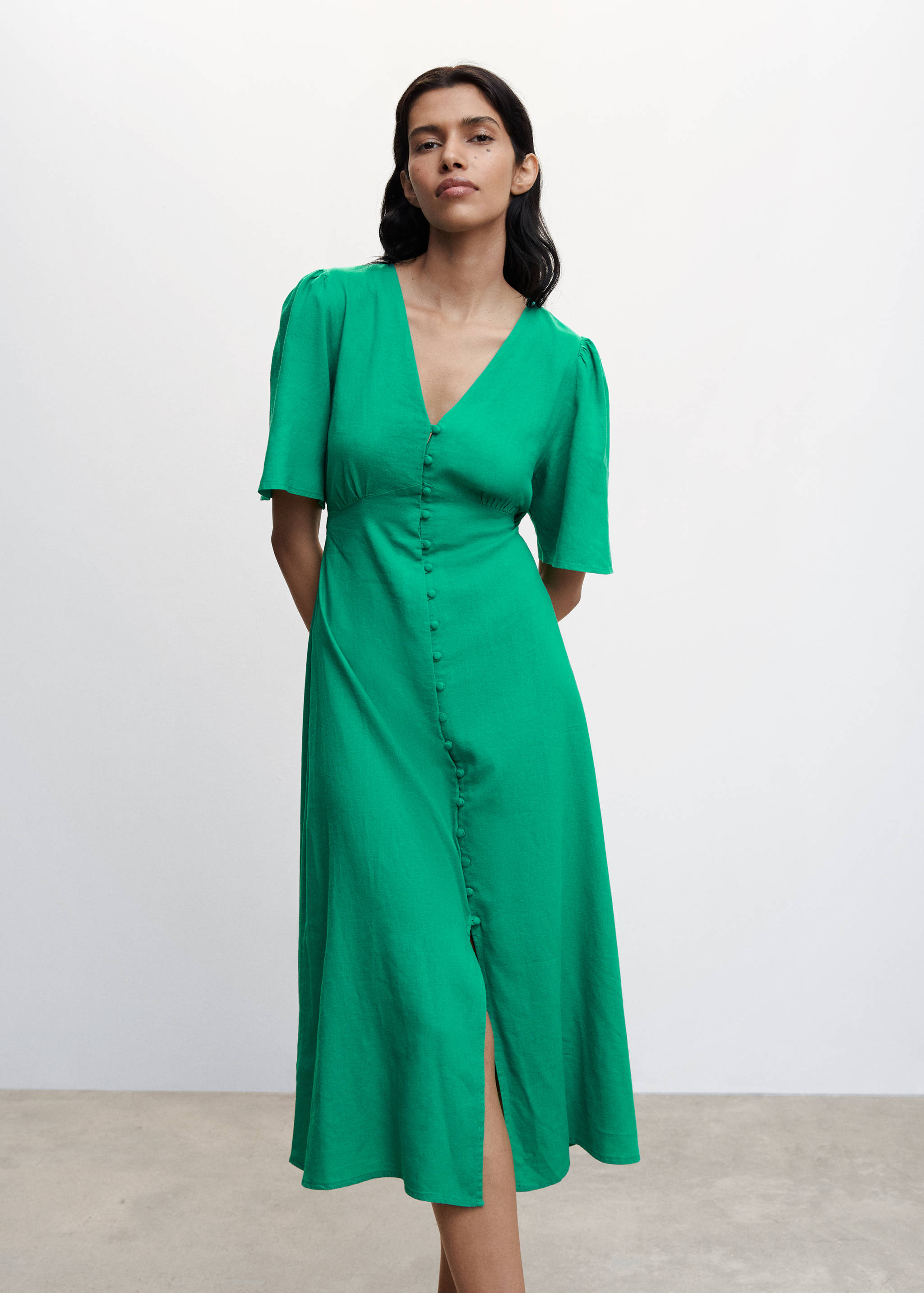 Buttoned linen-blend dress - Medium plane