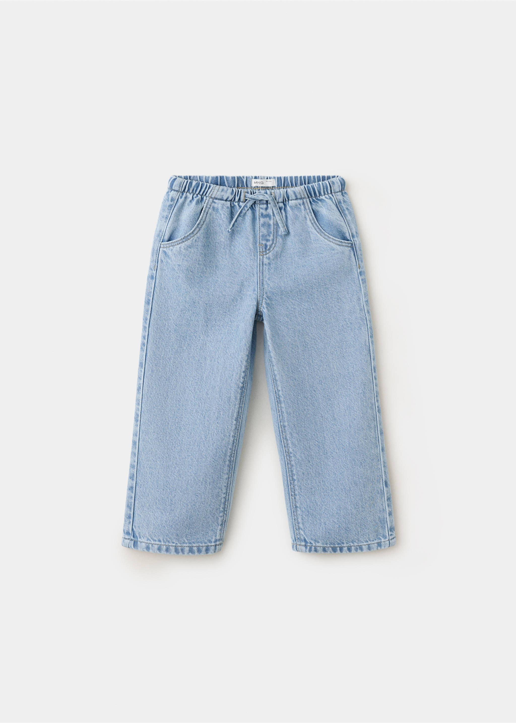 Light blue denim trousers with an elasticated waistband and drawstring., Medium Blue. Ref: 47011335-00.