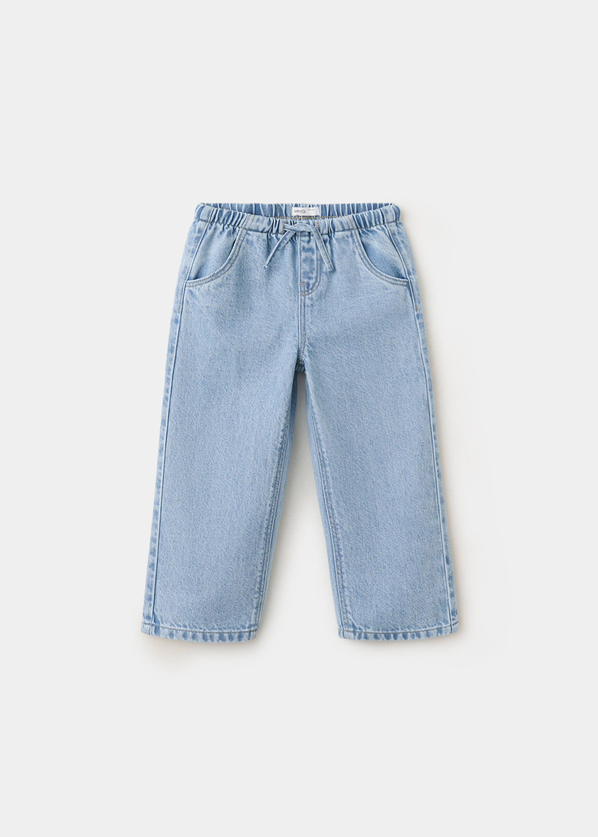 Light blue denim trousers with an elasticated waistband and drawstring.