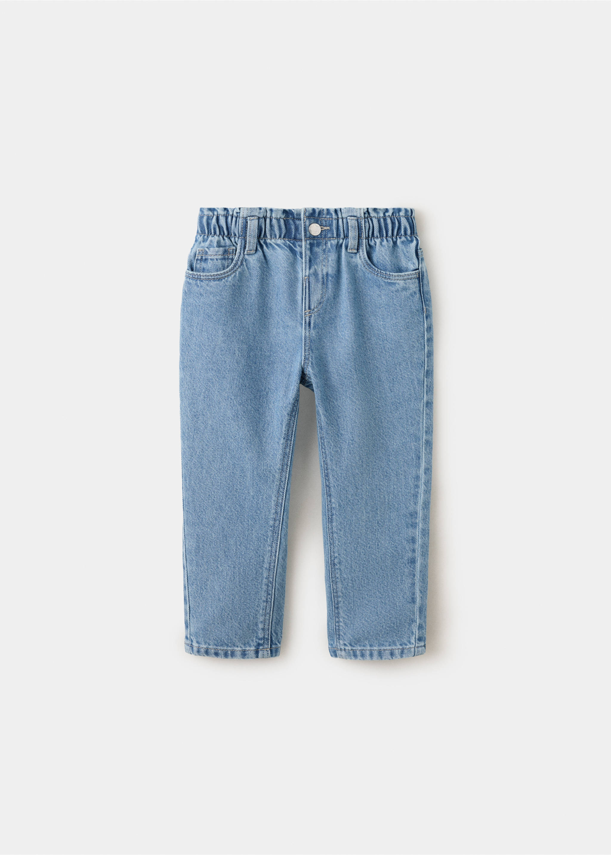 Light-wash blue denim trousers with an elasticated ruffled waistband., Medium Blue. Ref: 47011337-00.