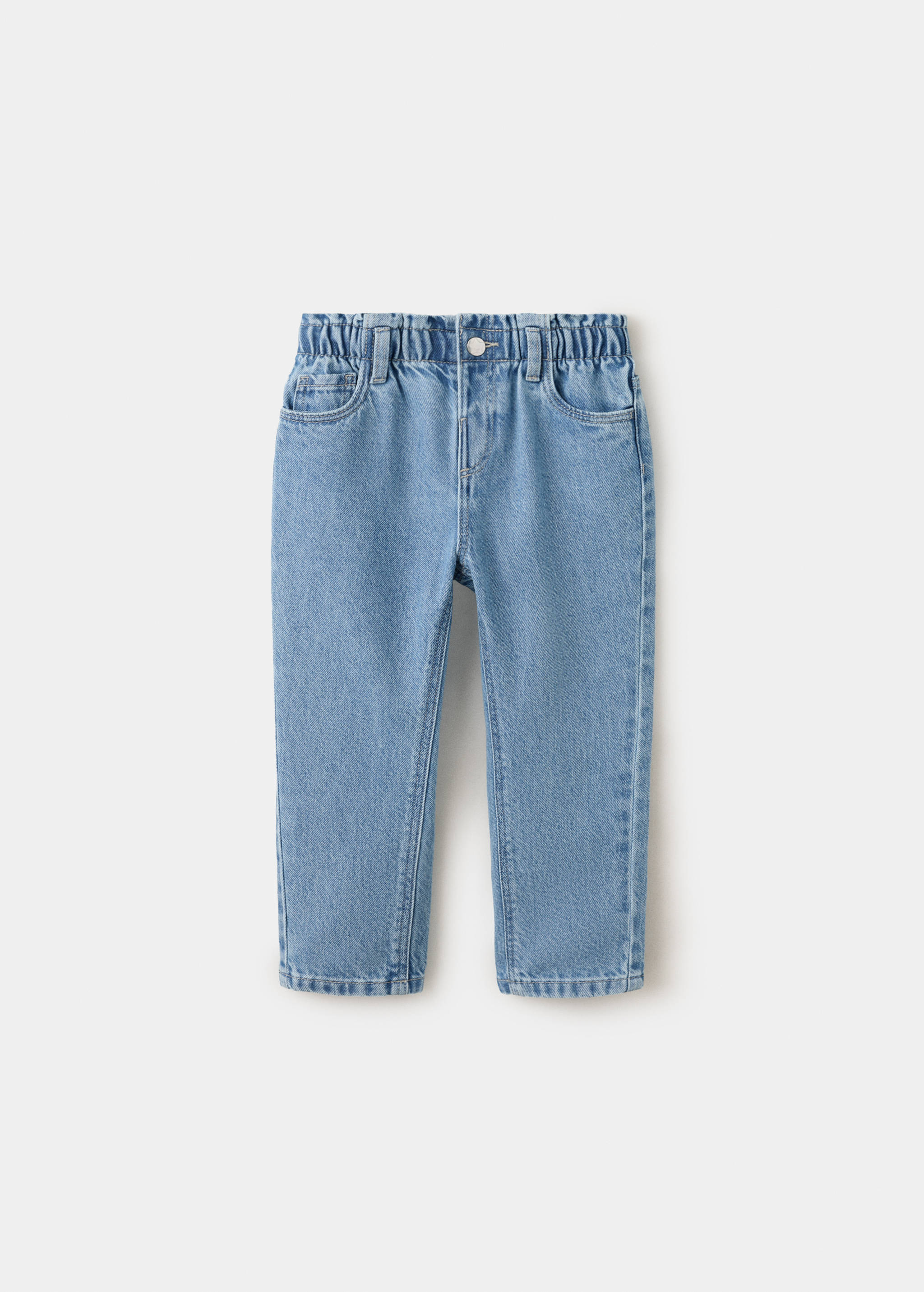 Light-wash blue denim trousers with an elasticated ruffled waistband.