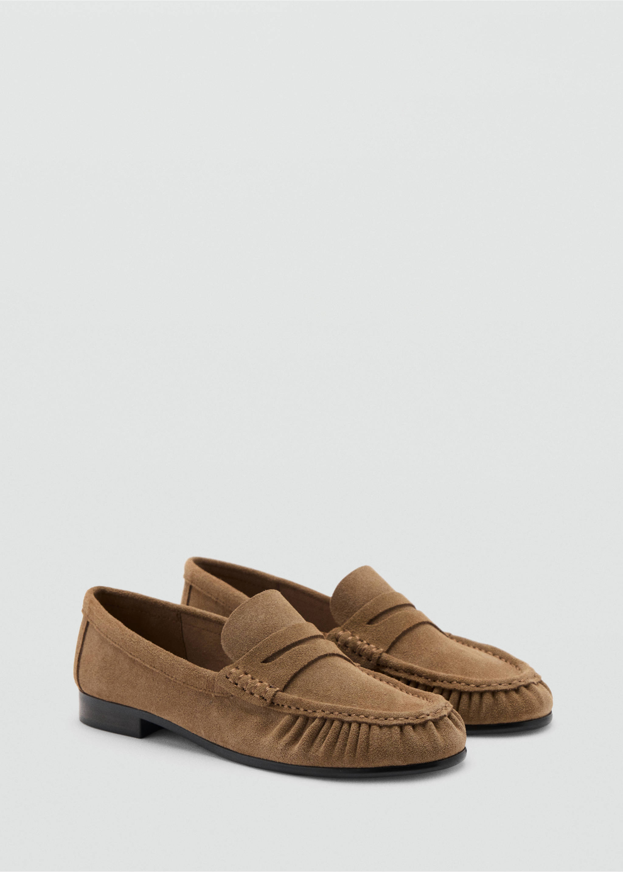 Brown suede penny loafers with a rounded toe and gathered apron stitching., Sand. Ref: 47011341-00.