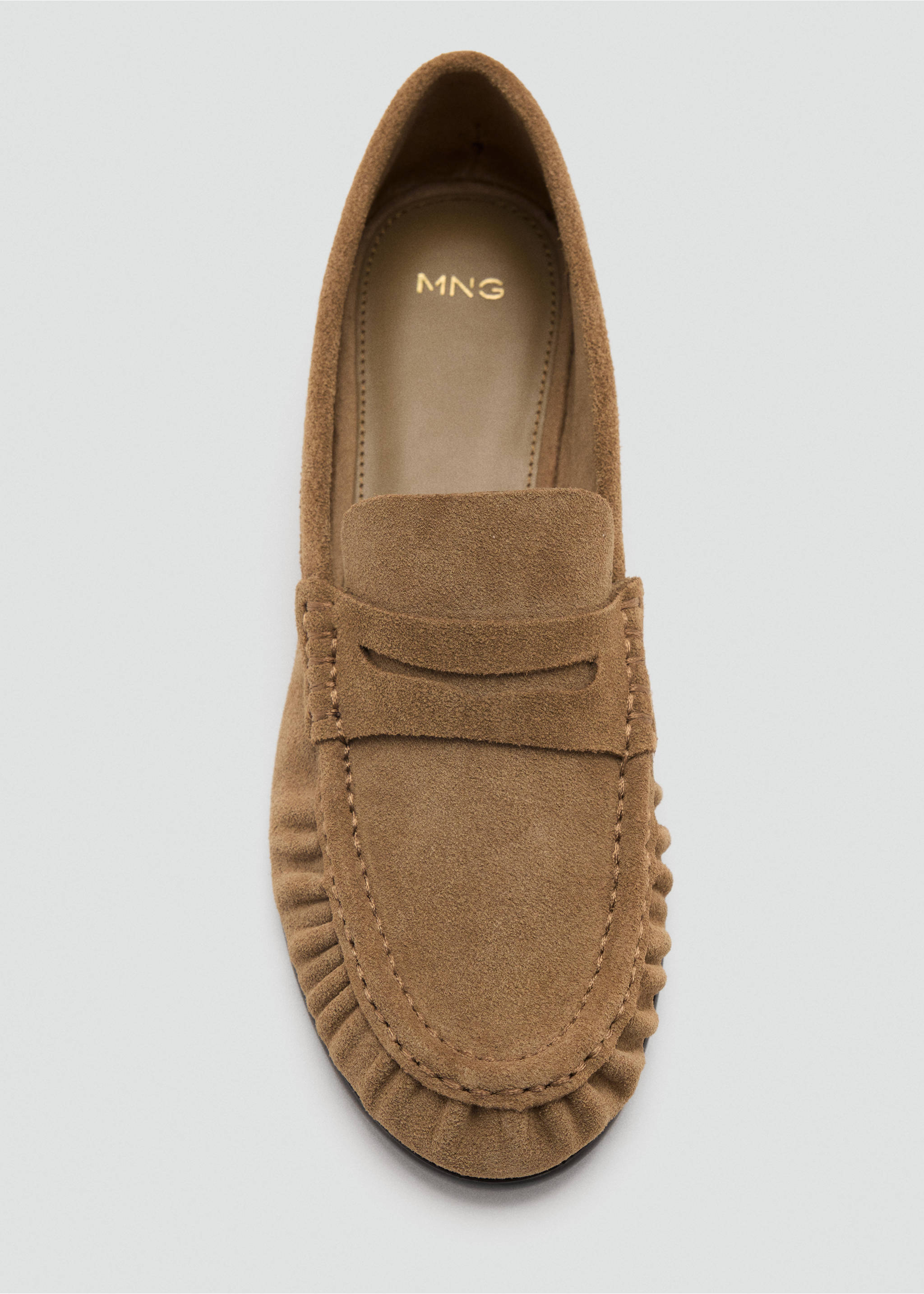 Brown suede penny loafer with a gathered toe seam detail., Sand. Ref: 47011341-00.